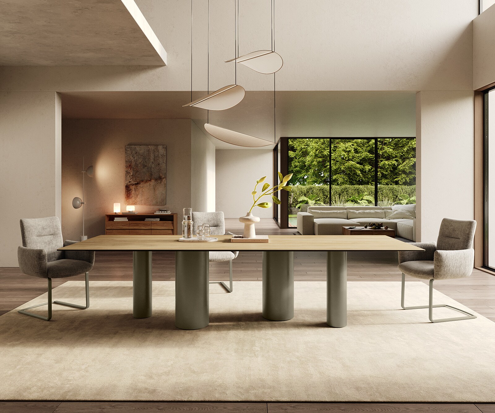 Table à manger Edge 300x100 Céramique Laminam® Sabbia Couleur chêne Pilier Métal finition à effet Titane 2