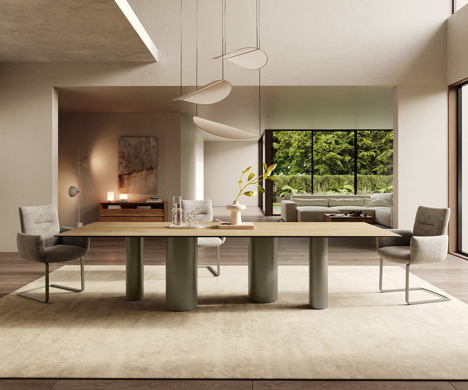 Table à manger Edge 300x100 Céramique Laminam® Sabbia Couleur chêne Pilier Métal finition à effet Titane 2