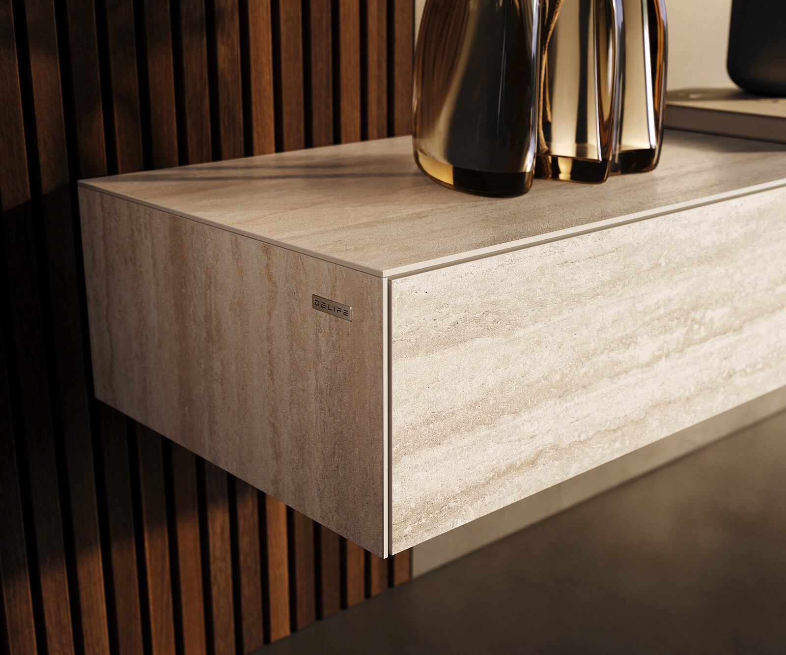 Meuble-TV Cuor 200 cm Céramique Laminam® Travertino Bianco Crème-blanc 1 Clapet 1 Tiroir Pied optique flottant Ancier inoxydable 5