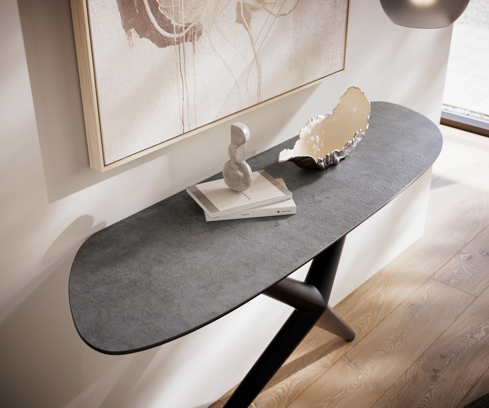 Table console Edge Organique 140x40 cm Céramique Béton Gris Estelo Métal Noir 5
