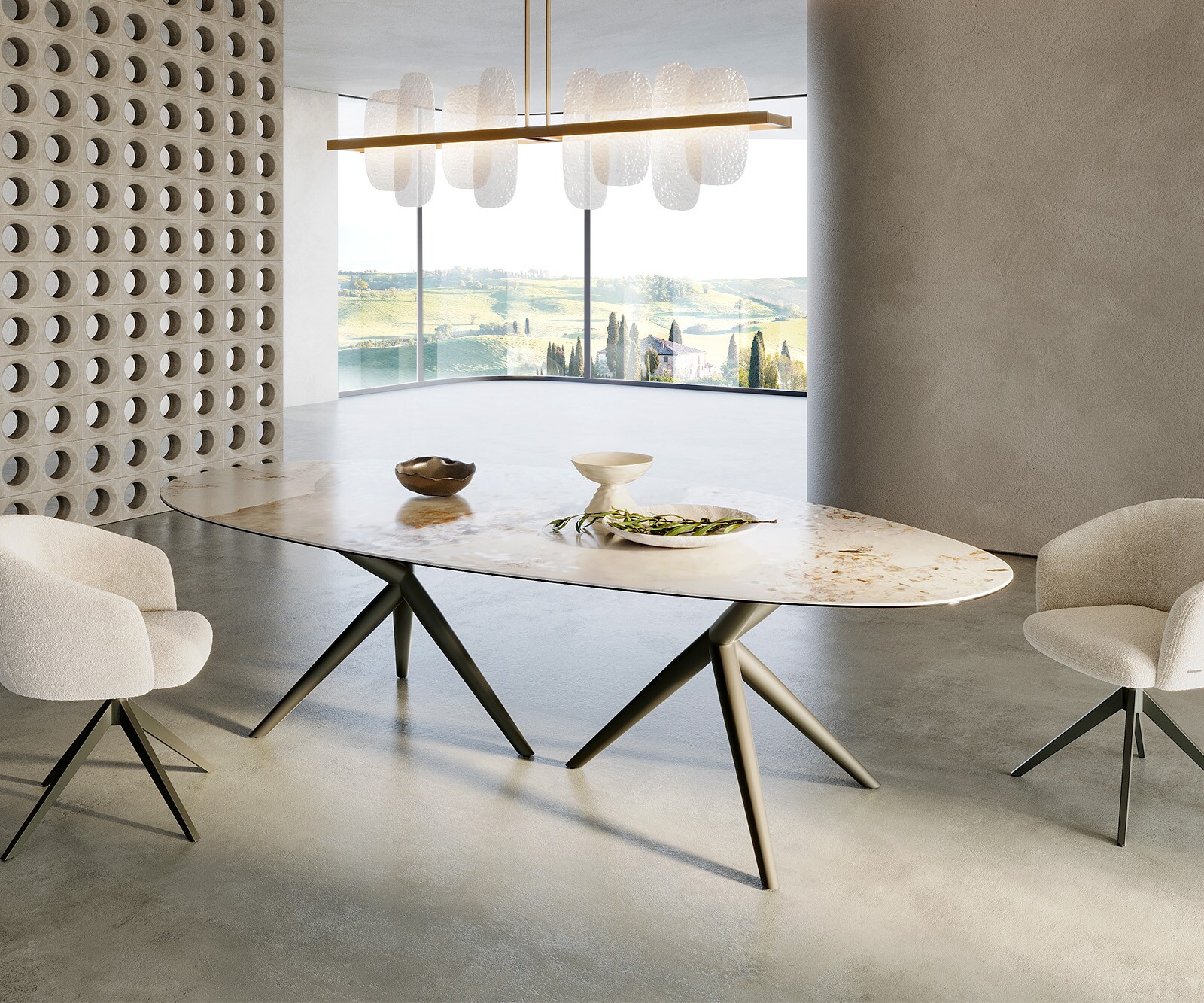 Table-à-manger Edge Oval 280x130 Céramique Minas Melange Blanc-Beige Estelar ronde Métal finition effet titane 6