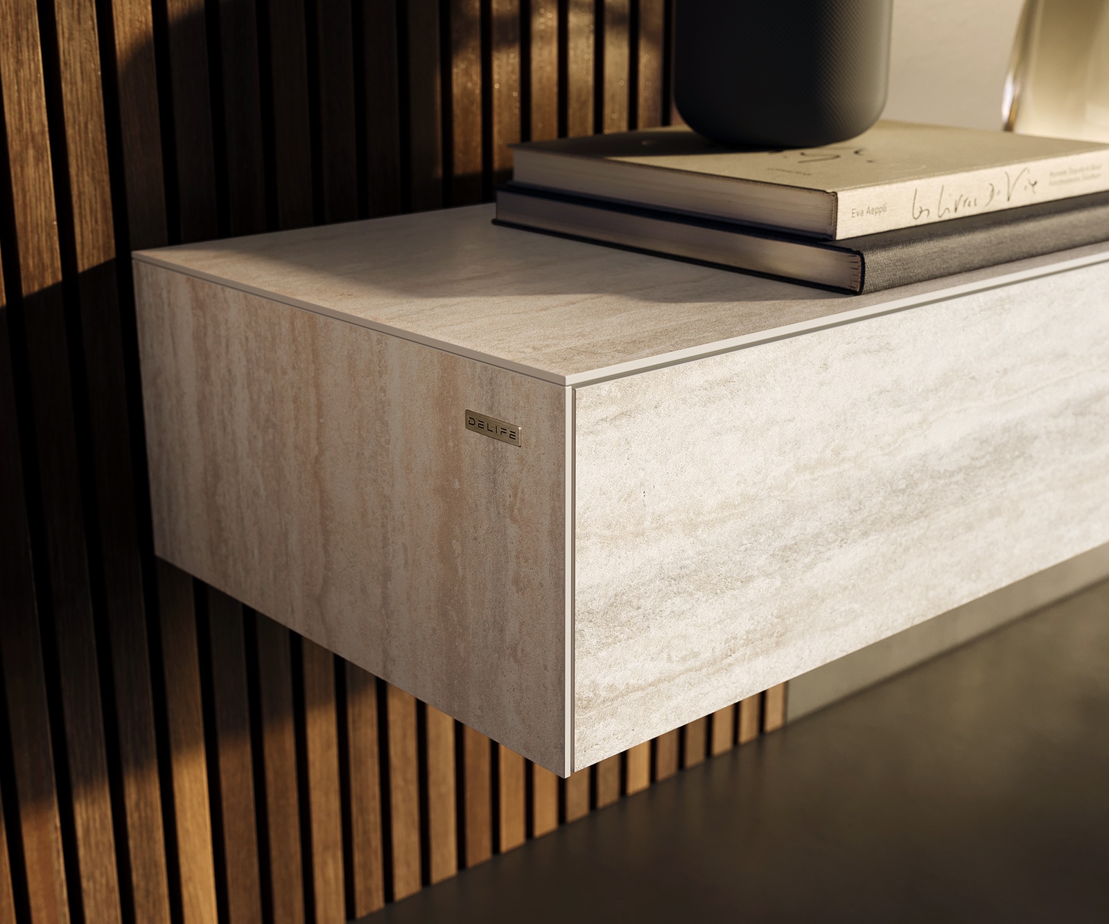 Meuble-TV Cuor 250 cm Céramique Laminam® Travertino Bianco Crème-blanc 1 Clapet 1 Tiroir Flottant 6