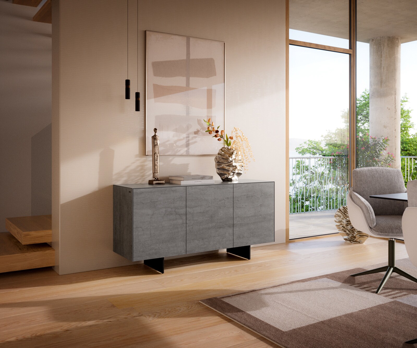 Buffet Cuor 150 cm Céramique Béton gris 3 Portes Pied optique flottant Métal Noir 1