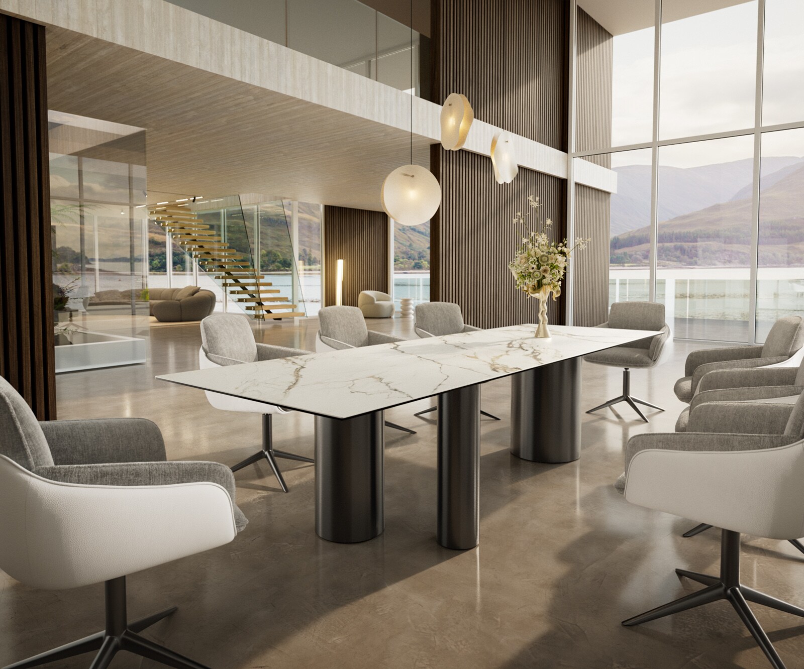 Table à manger Edge 300x100 Céramique Calacatta Luxe Blanc-Doré-Gris Troa Acier inoxydable Graphite 6