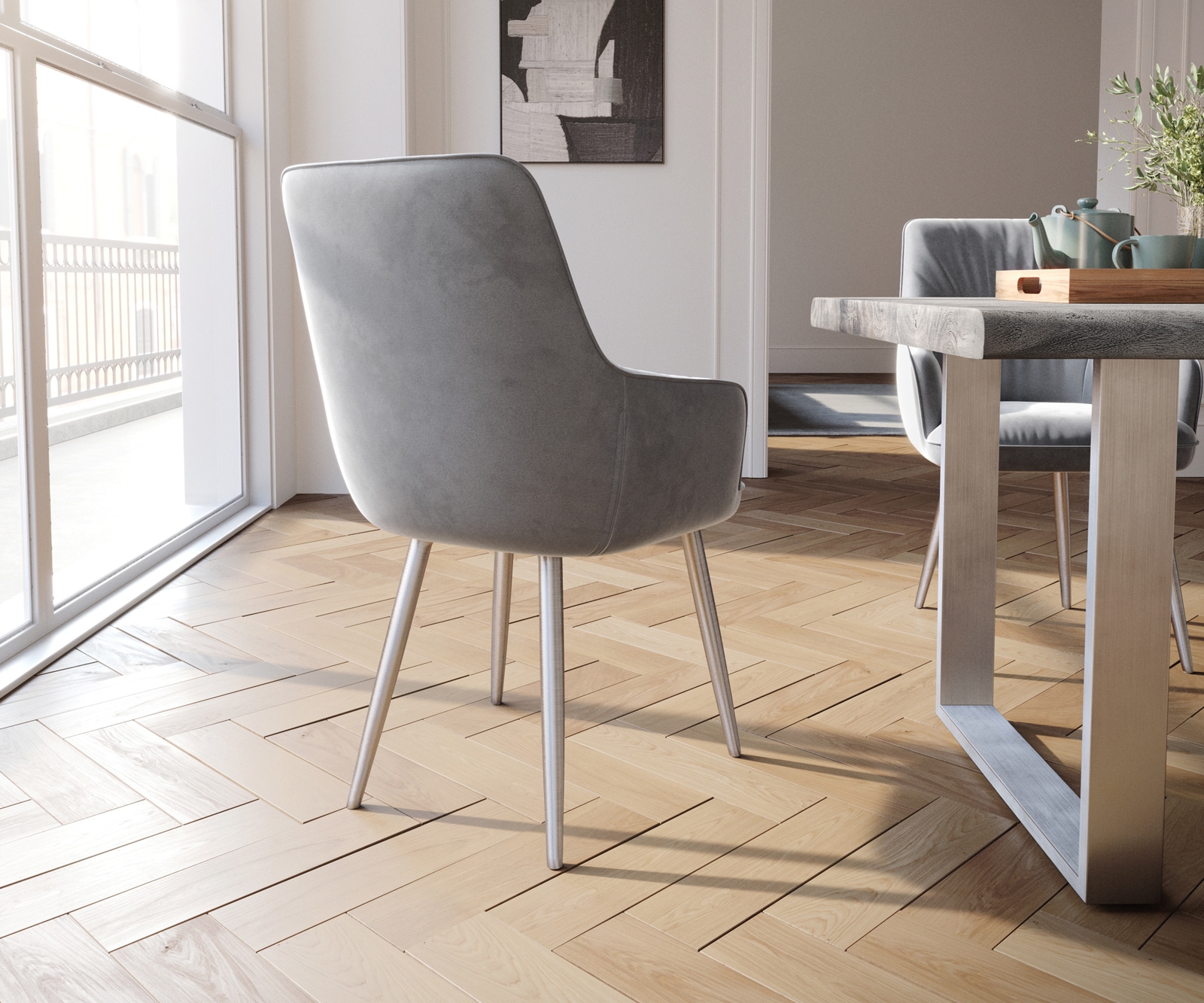 Chaise-de-salle-à-manger Zelia-Flex avec accoudoirs velours gris 4 pieds coniques acier inoxydable brossé ressorts ensachés 4 Chaise-de-salle-à-manger Zelia-Flex avec accoudoirs velours gris 4 pieds coniques acier inoxydable brossé ressorts ensachés 4