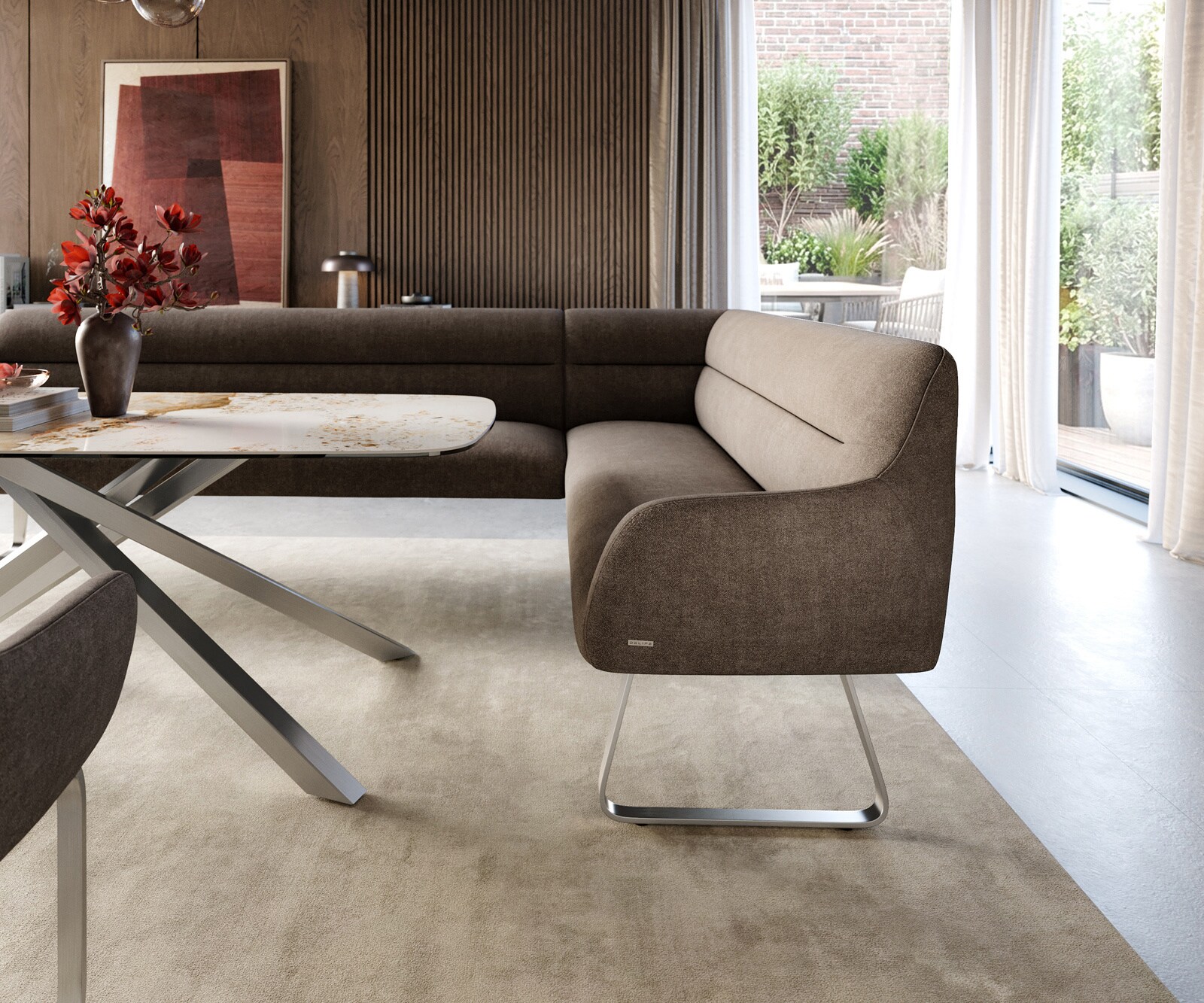 Banc-de-salle-à-manger Taya-Flex 285x190 cm tissu structuré doux taupe châssis à patins plat acier inoxydable ressort ensaché liens 5