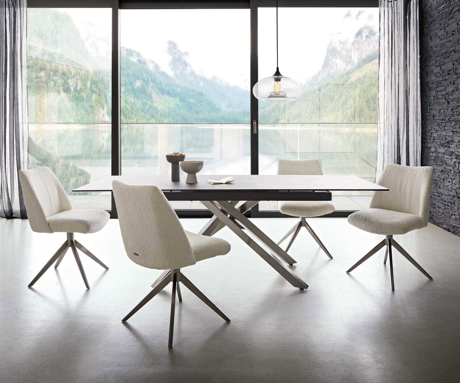 Chaise-pivotante Elso-Flex bouclé blanc pied croisé large acier inoxydable brossé pivotement sur 360° ressorts ensachés 5