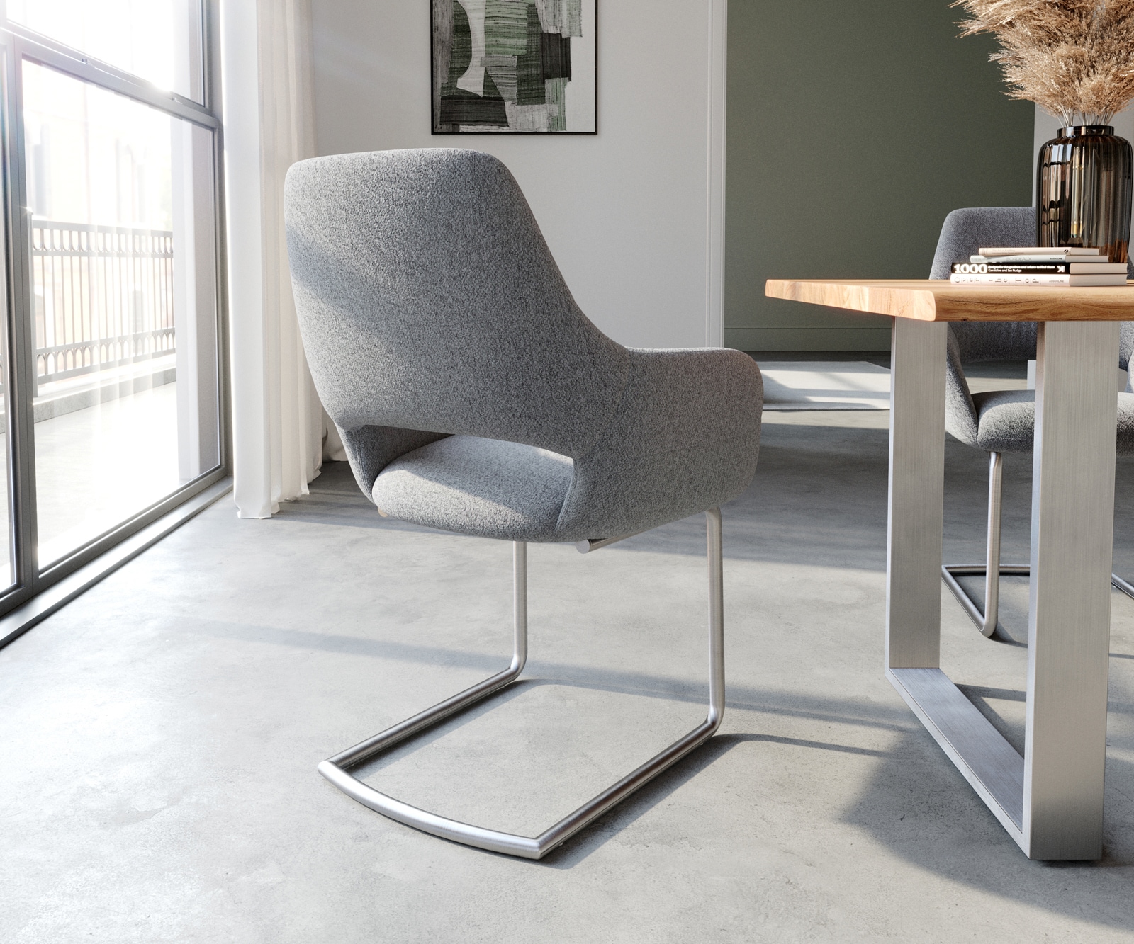 Cantilever Yago-Flex avec accoudoirs tissu texturé gris clair pied cantilever rond acier inoxydable brossé ressorts ensachés 4 Cantilever Yago-Flex avec accoudoirs tissu texturé gris clair pied cantilever rond acier inoxydable brossé ressorts ensachés 4