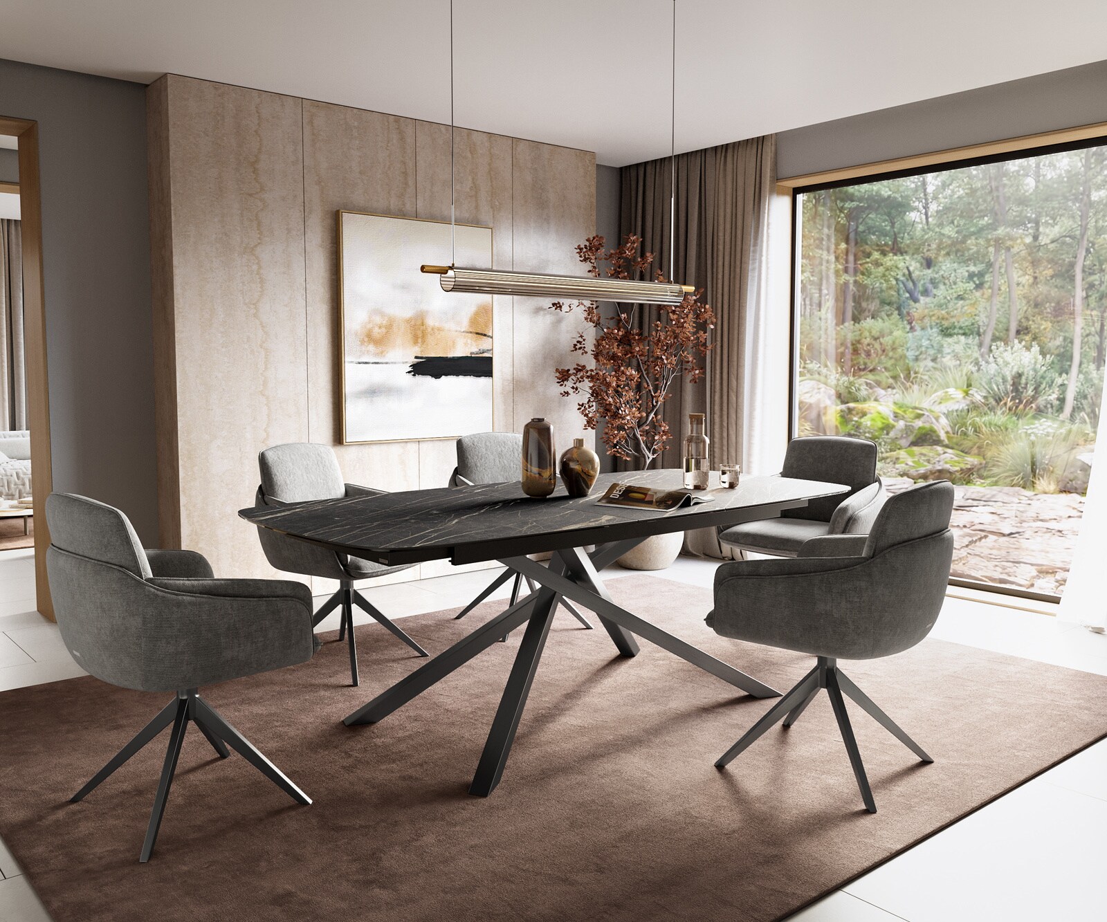Table à manger Edge Boot 180-220x100 cm Laminam® Céramique Noir Desir Braun piètement en croix Rectangle Acier inoxydable Graphite extensible 6