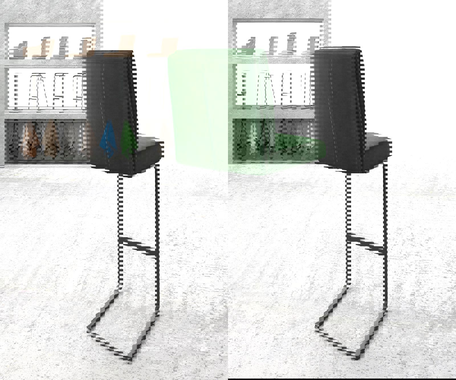 Chaise-de-bar Pela-Flex velours vert chaise cantilever métal plat 2 Chaise-de-bar Pela-Flex velours vert chaise cantilever métal plat 2