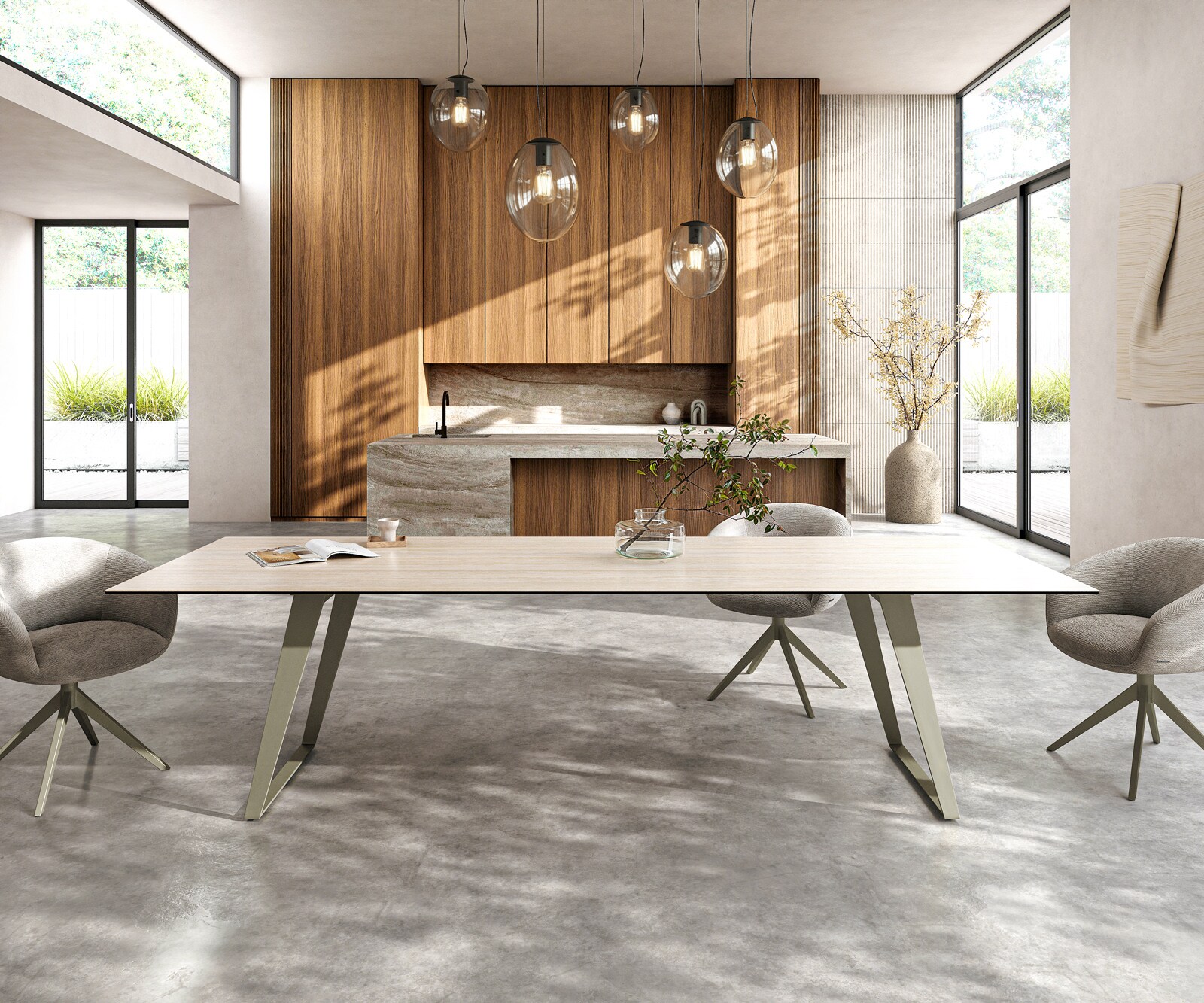 Table à manger Edge 300x100 cm Céramique Laminam®Travertino Bianco Creme-Blanc Métal Oblique Finition effet Titan 1