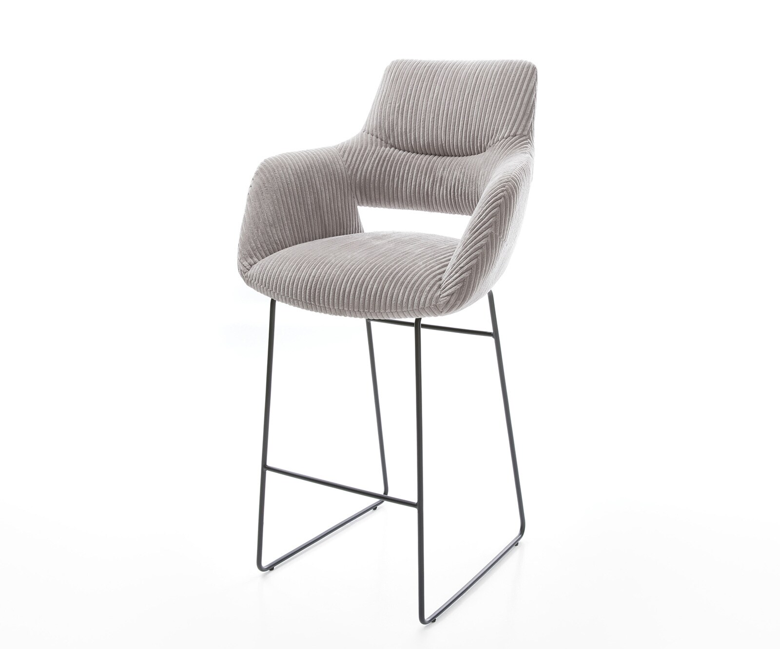 Chaise-de-bar Yago-Flex velours côtelé gris argenté Piètement traîneau métal noir Ressorts ensachés