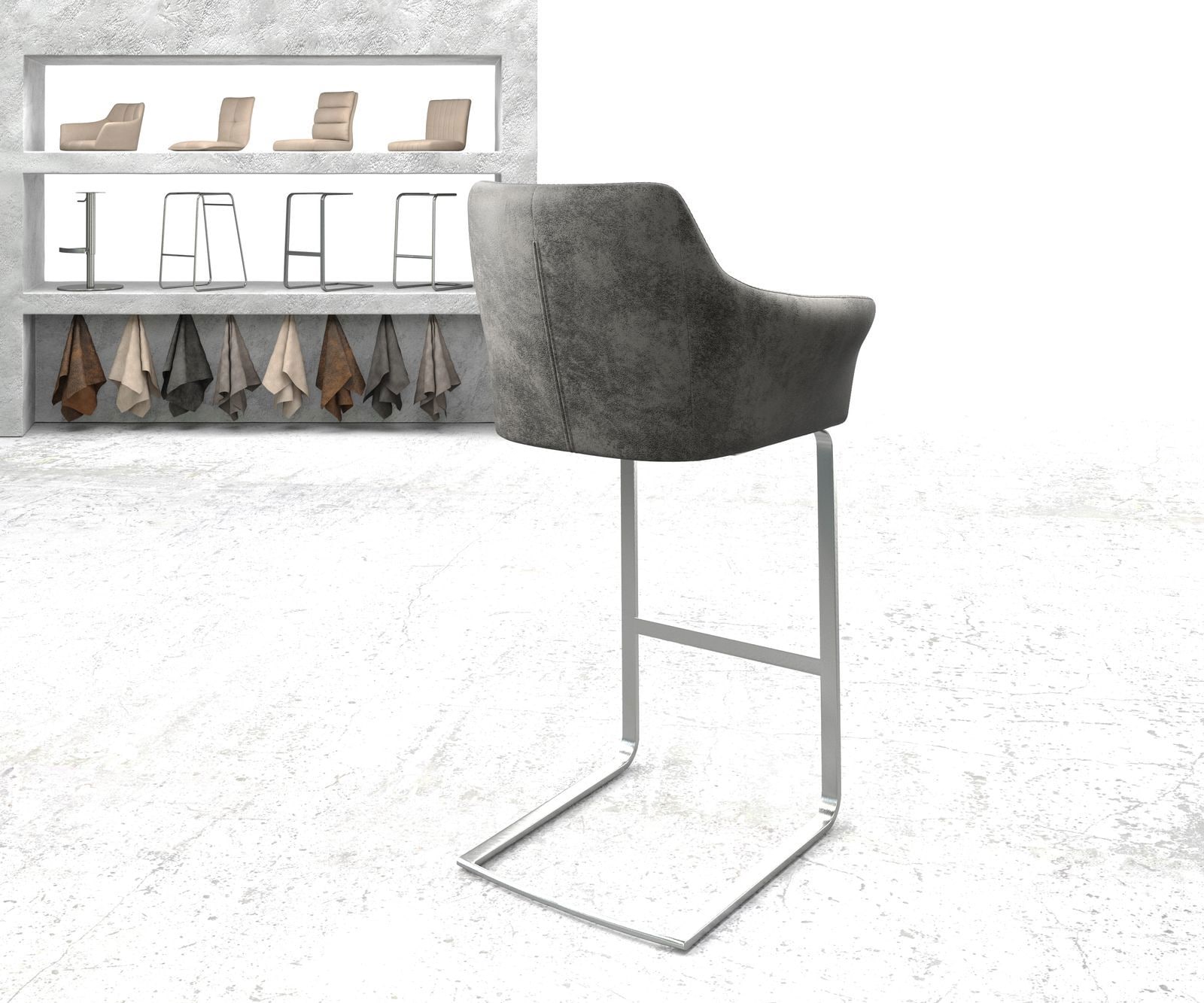 Chaise-de-bar Yulo-Flex vintage gris cantilever plat acier inoxydable 2 Chaise-de-bar Yulo-Flex vintage gris cantilever plat acier inoxydable 2