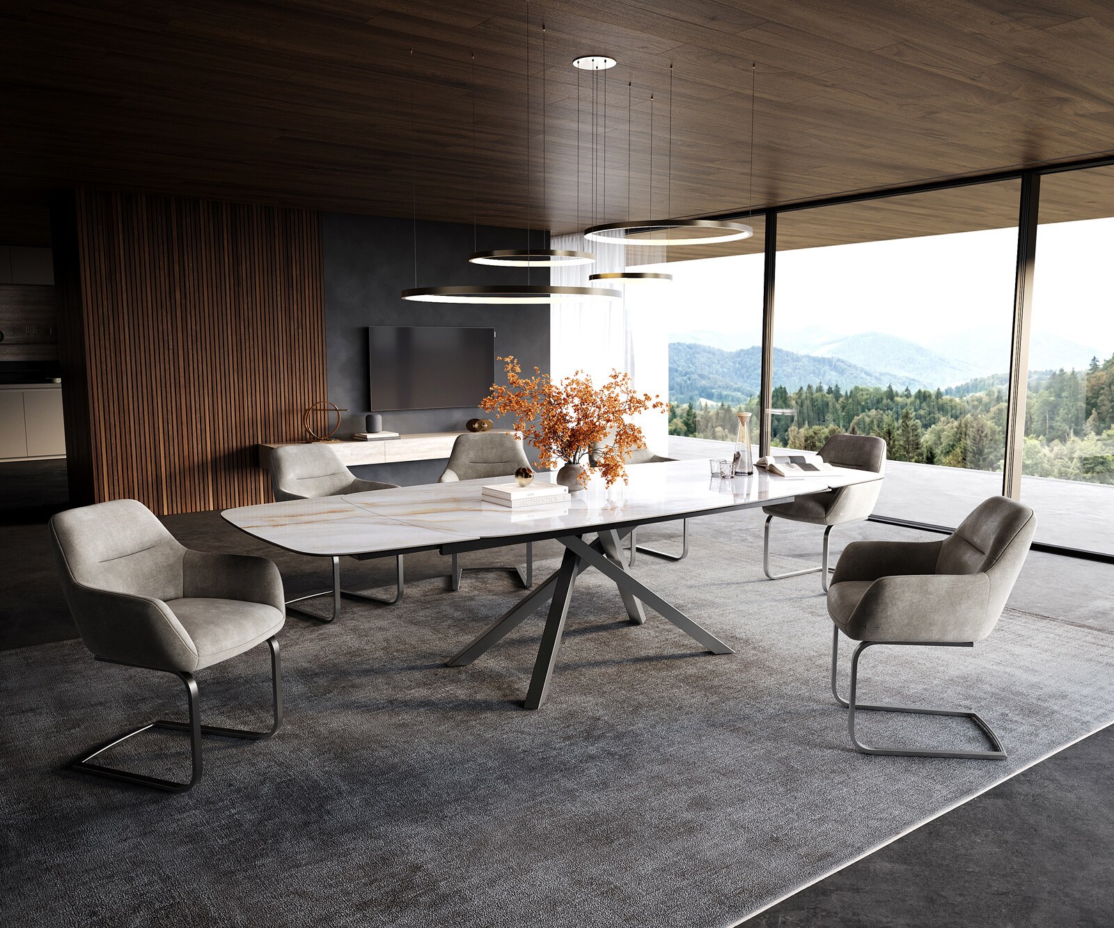 Table à manger Edge Boot 200-300x120 cm Céramique Onyx Pearl piètement en croix Rectangle Acier inoxydable extensible 7