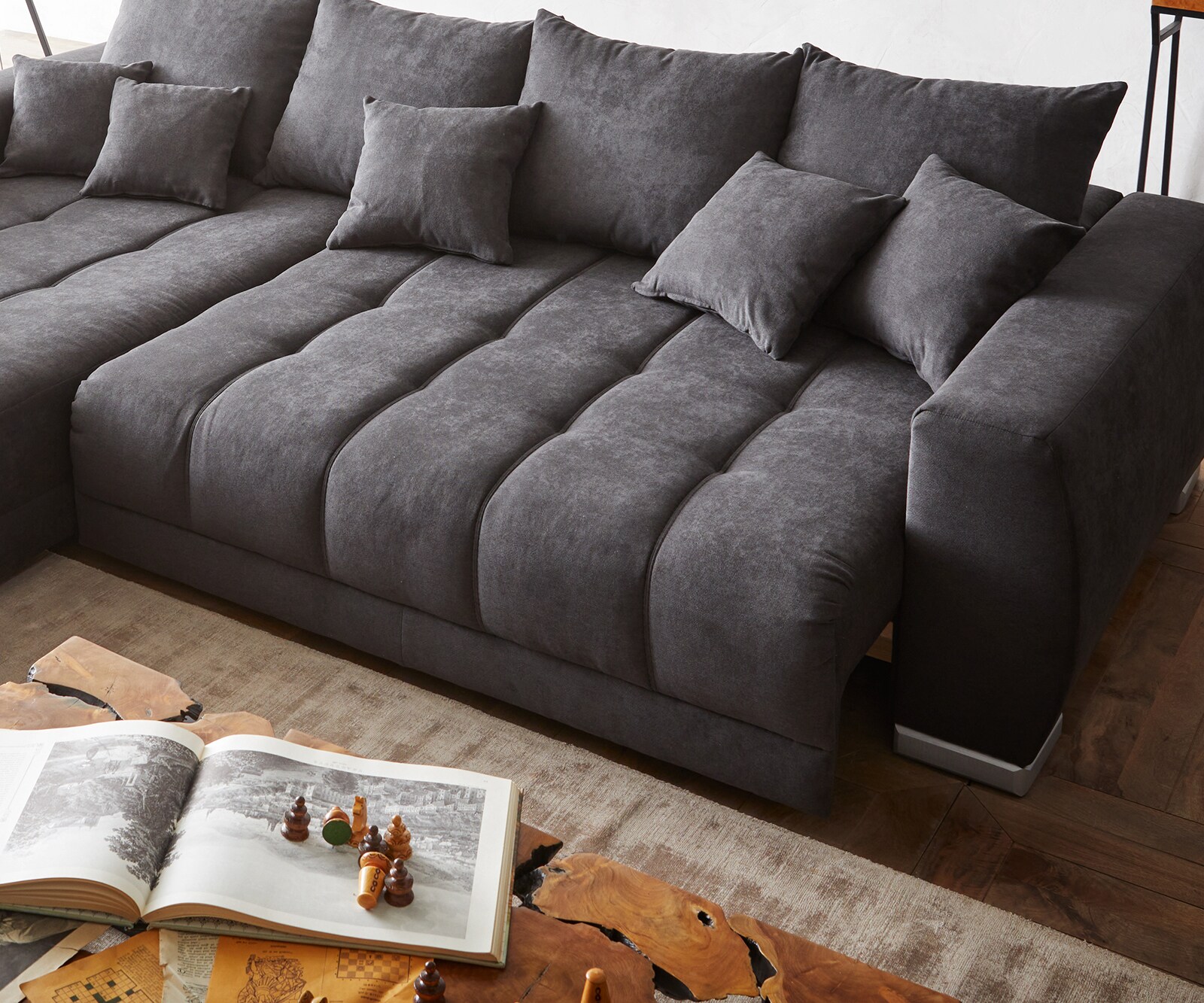 Canapé-panoramique Nabor 300x230 cm microfibre noir pouf à gauche incl. fonction d'extension électrique 3 Canapé-panoramique Nabor 300x230 cm microfibre noir pouf à gauche incl. fonction d'extension électrique 3