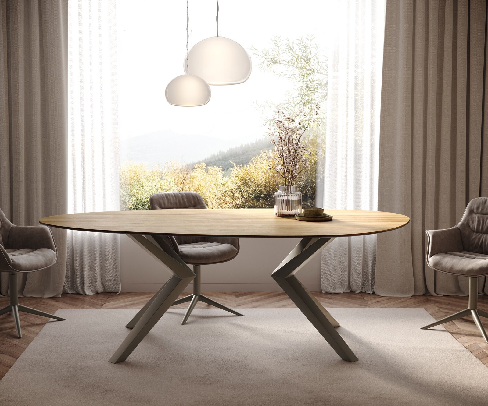 Table à manger Edge Ovale 220x120 Céramique Laminam® Sabbia Couleur chêne Zenthara anguleux Métal finition à effet Titane 2