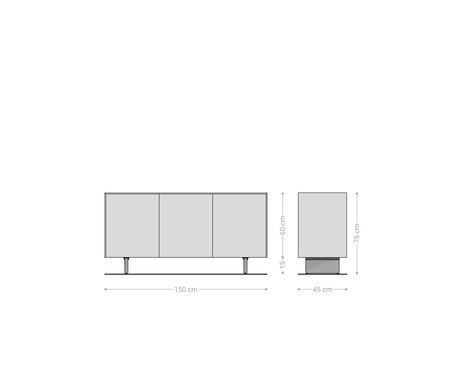 Buffet Cuor 150 cm Céramique Béton gris 3 Portes Pied optique flottant Verre acrylique 7