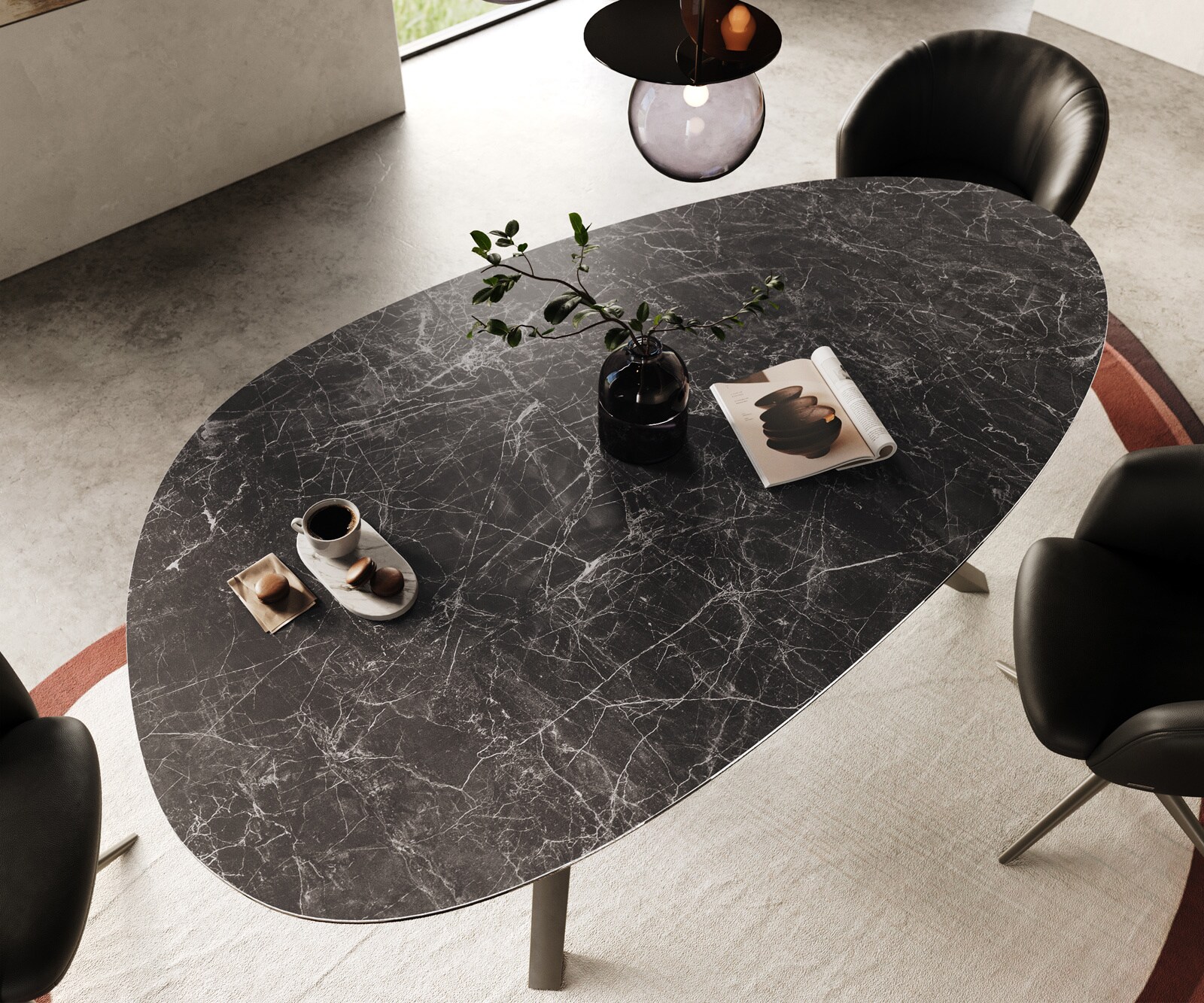 Table à manger Edge Ovale 220x120 Laminam® Céramique Nero Greco Anthracite Zenthara anguleux Métal finition à effet Titane 3