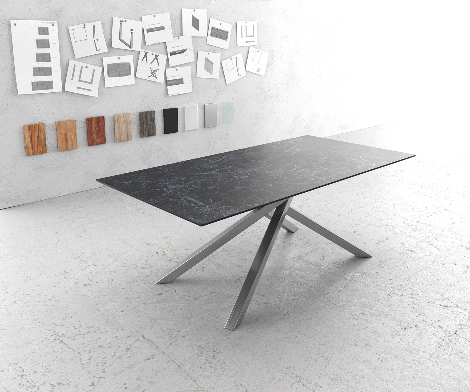 Table-à-manger Edge 200x100cm Laminam® céramique gris pieds milieu croisé argent Table-à-manger Edge 200x100cm Laminam® céramique gris pieds milieu croisé argent