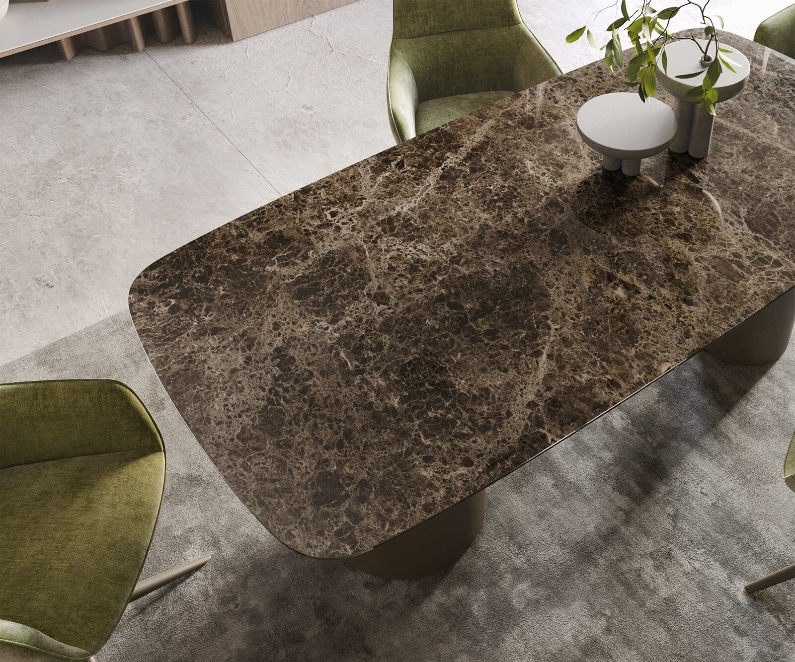 Table de salle à manger Edge Boot Céramique Emperador Extra Lucidato Brun foncé 200x100 Troa Métal finition effet Titane 3