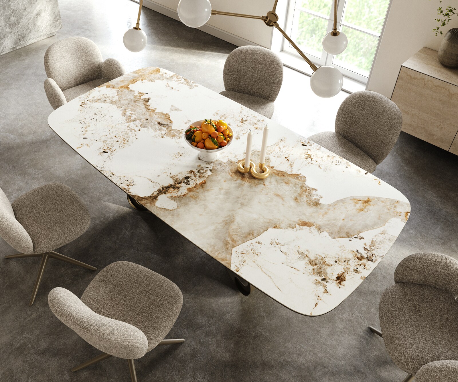 Table à manger Edge Boot 240x120 cm Céramique Minas Melange Blanc-Beige piètement en W Métal Finition effet Titan 4