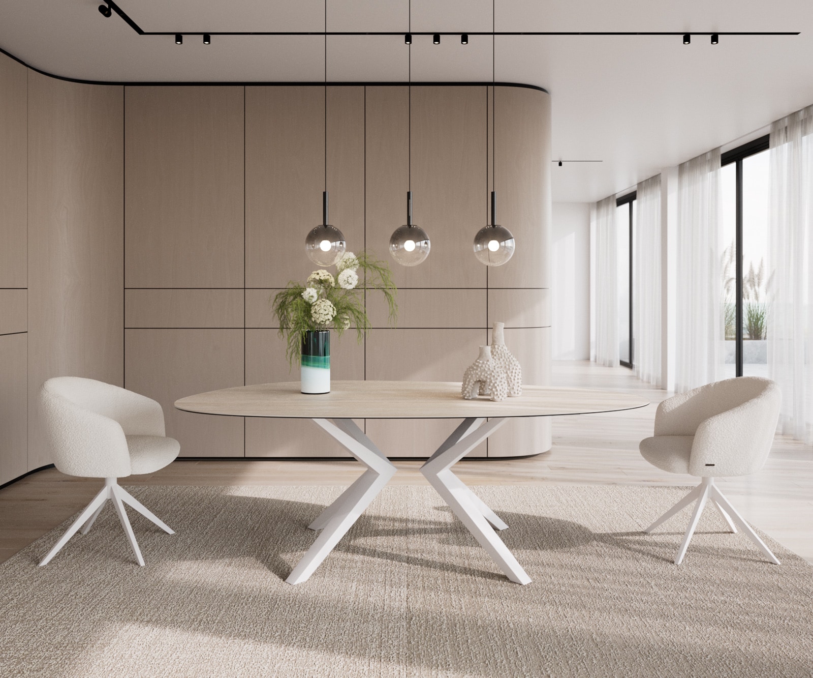 Table à manger Edge Ovale 220x120 Céramique Laminam®Travertino Bianco Crème-Blanc Zenthara anguleux Métal Blanc 2