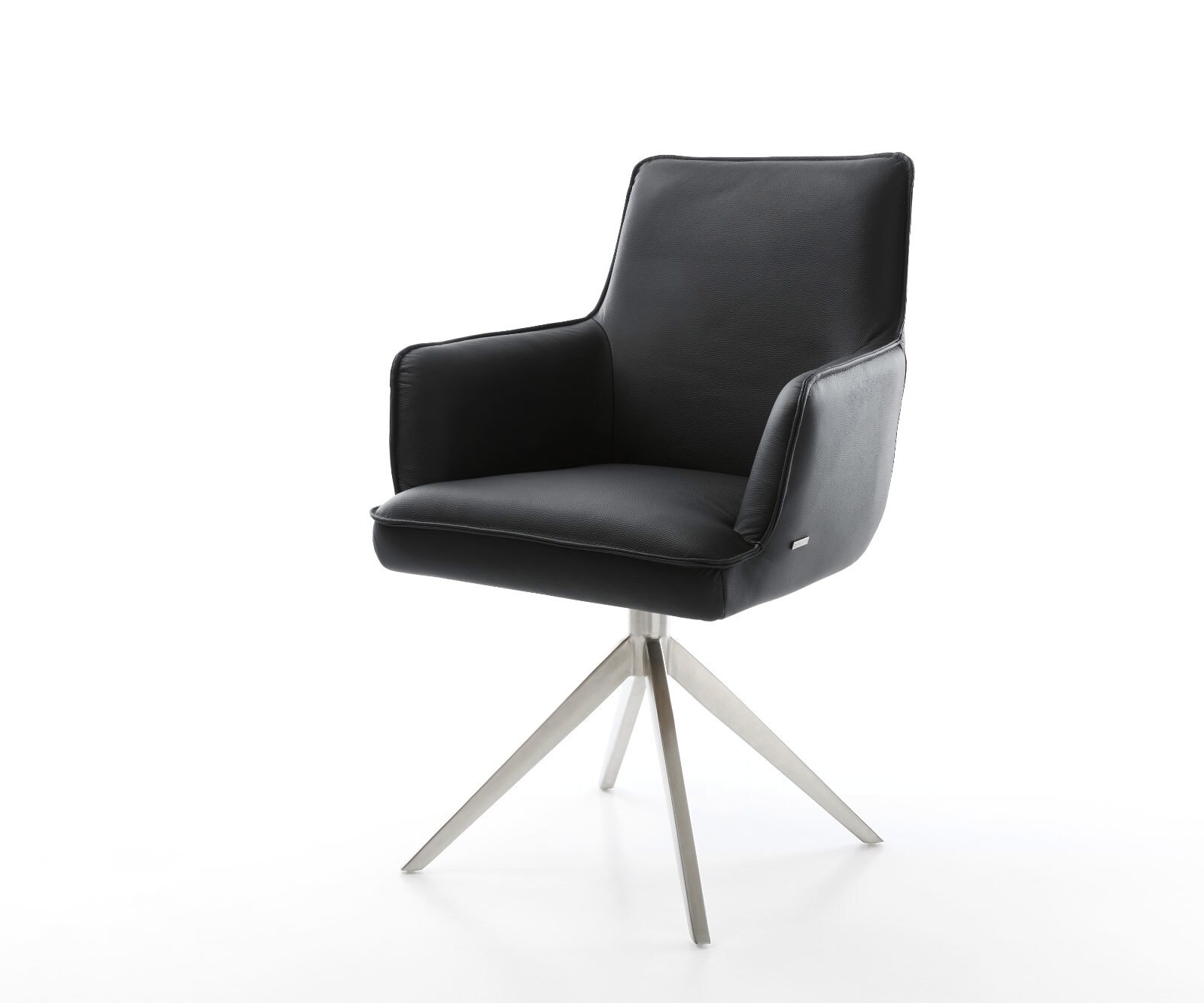 Chaise-pivotante Heira-Flex cuir de vache noir pied croisé large acier inoxydable brossé pivotement sur 360° fonction bascule ressorts ensachés