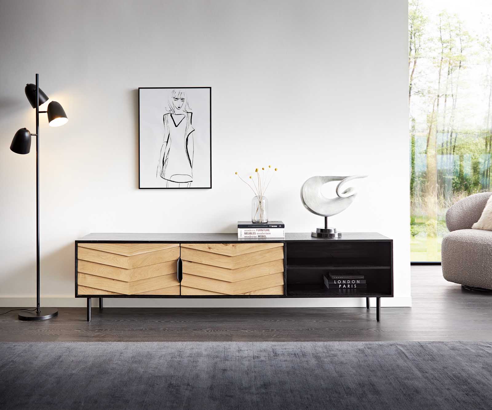 Meuble-TV Muvi 200 cm chêne naturel manguier noir métal noir 2 portes 2 compartiments 1