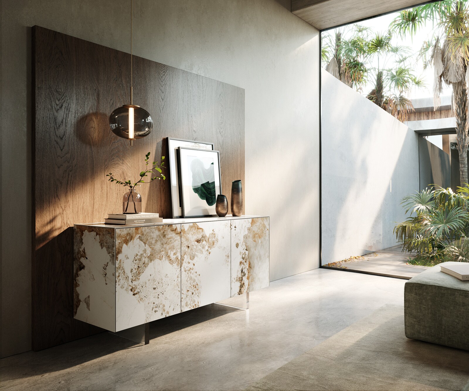 Buffet Cuor 150 cm Céramique Minas Melange Blanc-beige 3 Portes Pied optique flottant Verre acrylique