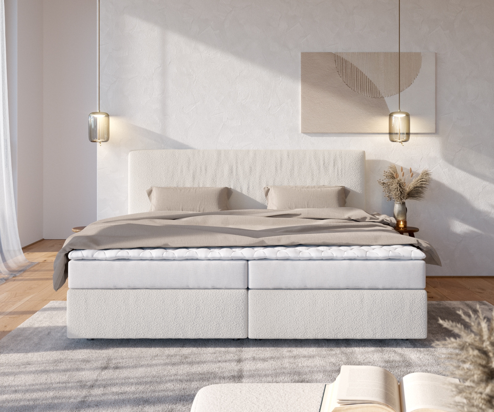 Lit-à-sommier-tapissier Dream-Well Bouclé Crème-Blanc 200x200 cm Matelas Bonell Surmatelas  PU 1 Lit-à-sommier-tapissier Dream-Well Bouclé Crème-Blanc 200x200 cm Matelas Bonell Surmatelas  PU 1