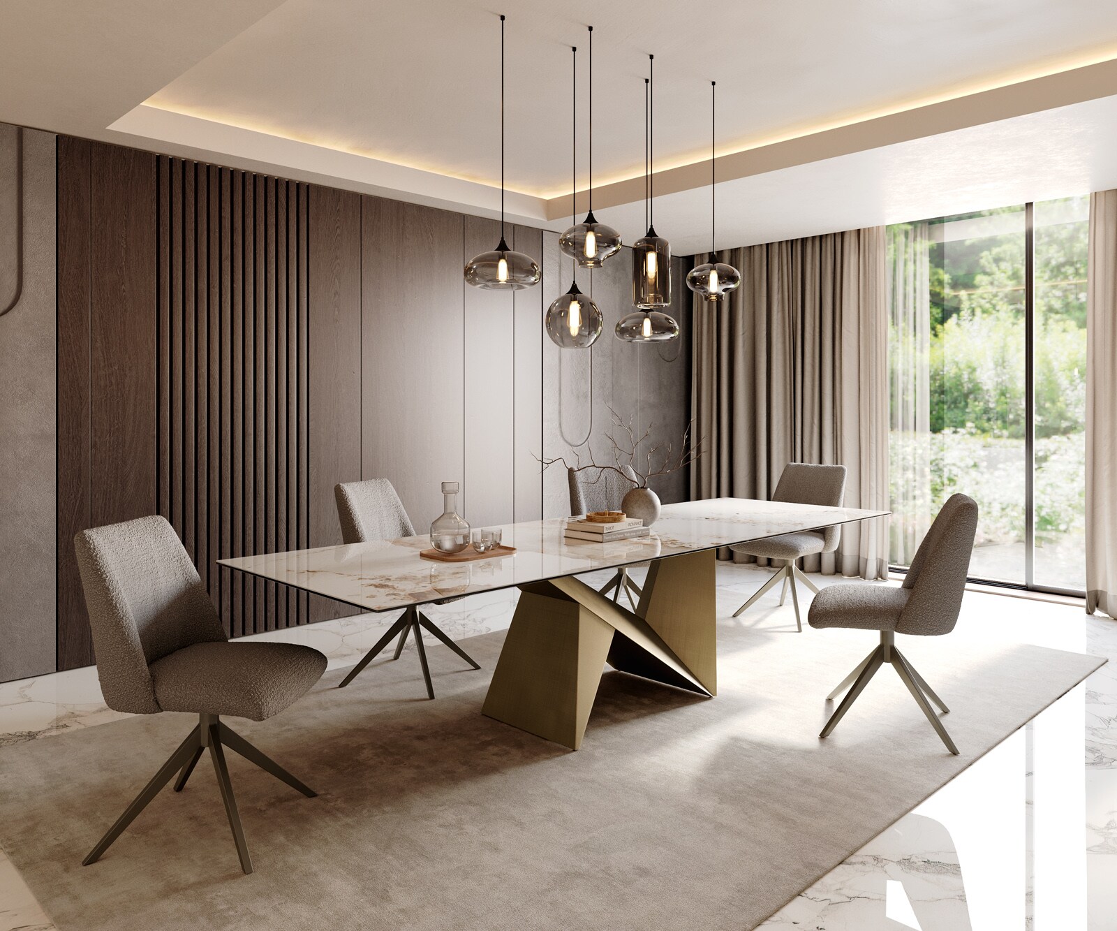 Table à manger Edge 300x100 céramique Minas mélange blanc-beige Origami métallique doré 7