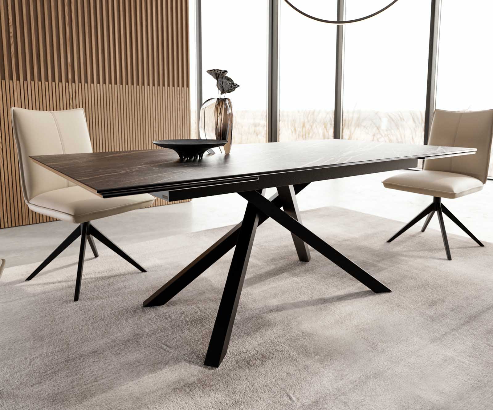 Table à manger Edge 200-300x100 céramique Laminam®Noir Desir marron cadre croisé rectangulaire noir extensible 5