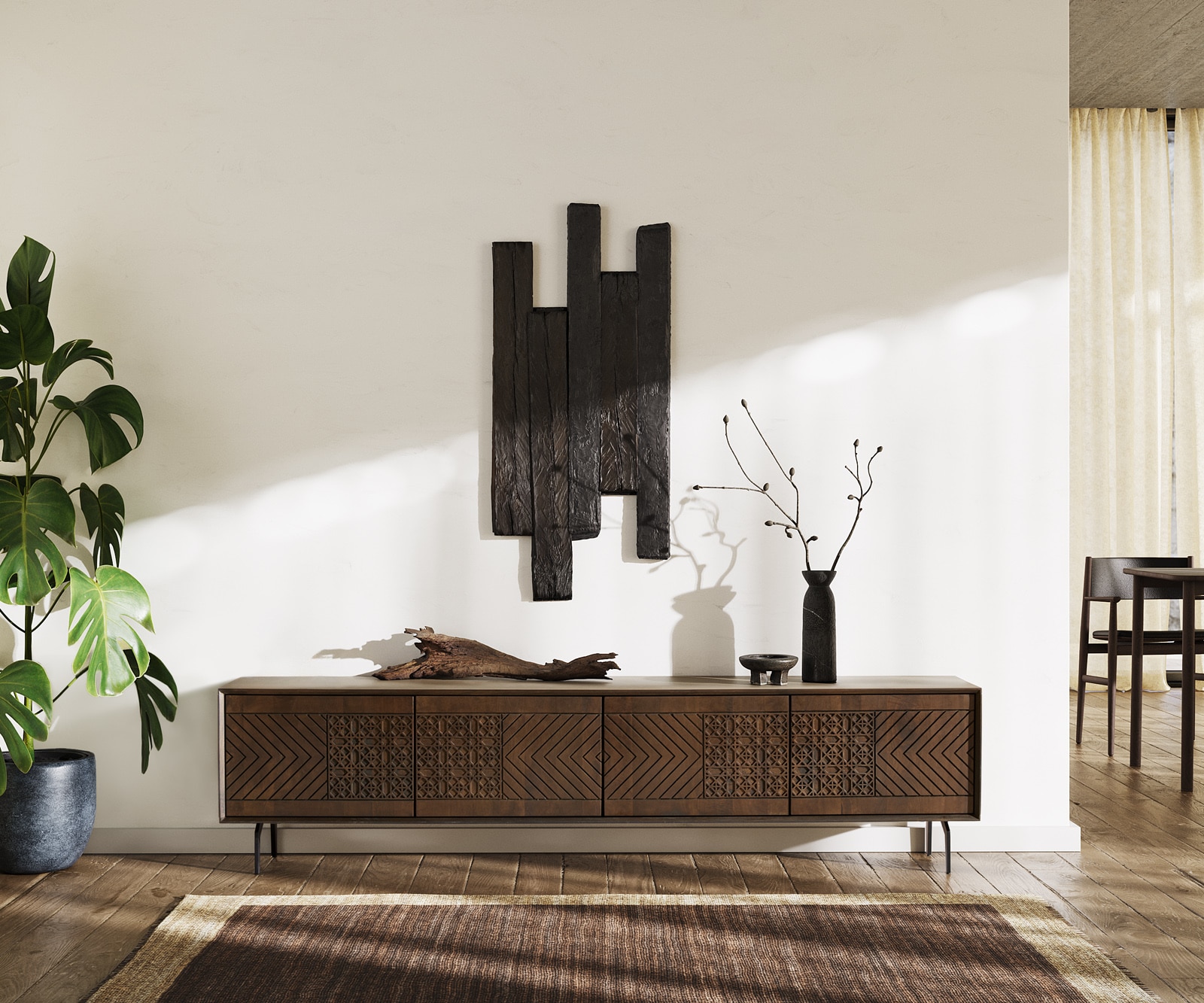 Meuble-TV Manjula 200 cm manguier marron 4 portes pied équerre métal noir 1 Meuble-TV Manjula 200 cm manguier marron 4 portes pied équerre métal noir 1