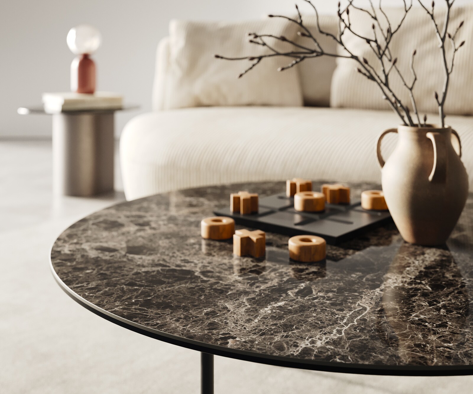 Table basse Edge rond 90x90 cm céramique Laminam® Emperador Extra Lucidato brun foncé Trive métal noir 6