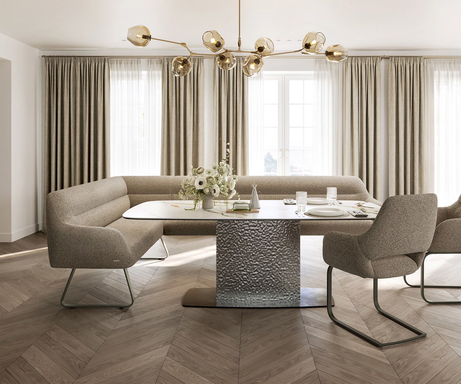 Banc-de-salle-à-manger Taya-Flex 285x190 cm bouclé boue châssis à patins plat titane ressort ensaché à droite 2