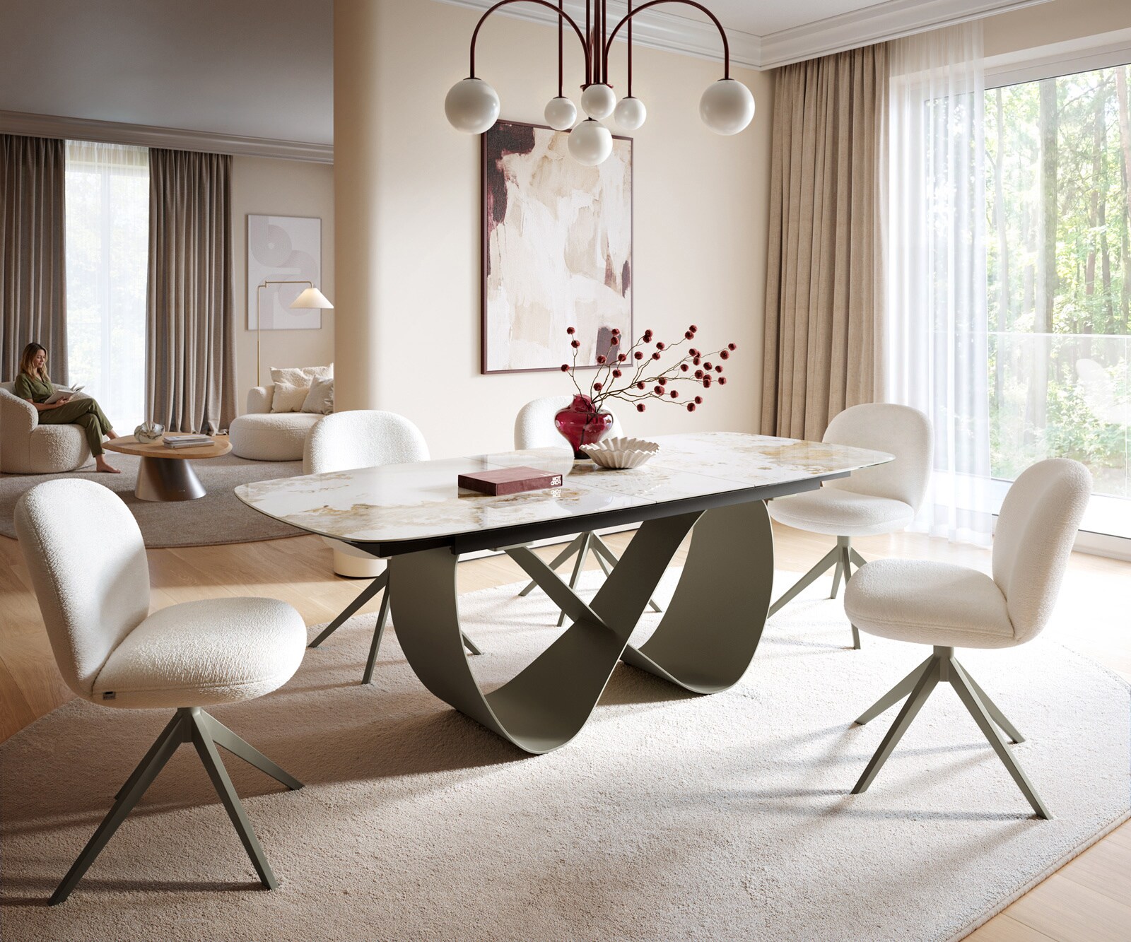 Table à manger Edge 180-220x100cm Céramique Minas Mélange Blanc-Beige Infinity Métal Effet Titane Extensible 1