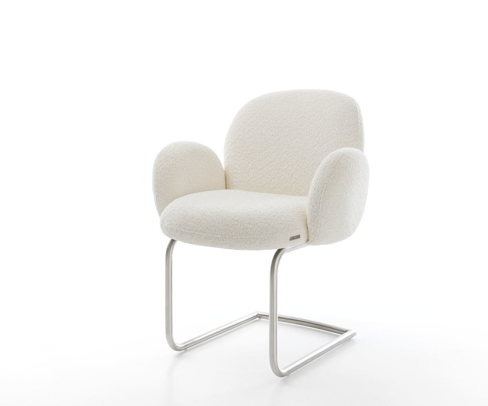 Cantilever Nube-Flex avec accoudoirs bouclé blanc pied cantilever rond acier inoxydable brossé ressorts ensachés Cantilever Nube-Flex avec accoudoirs bouclé blanc pied cantilever rond acier inoxydable brossé ressorts ensachés