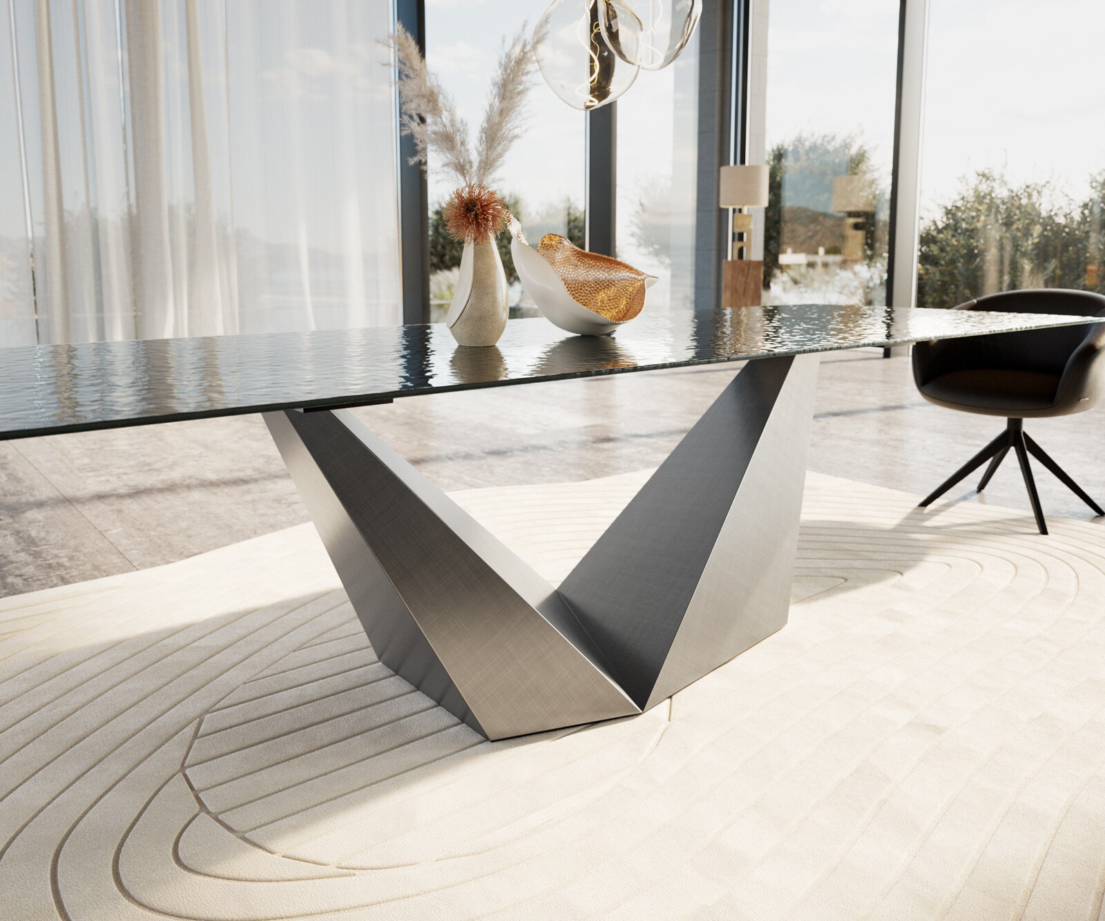 Table à manger Edge 300x100 verre en relief noir 3D-Design Prisma métallique argent 5