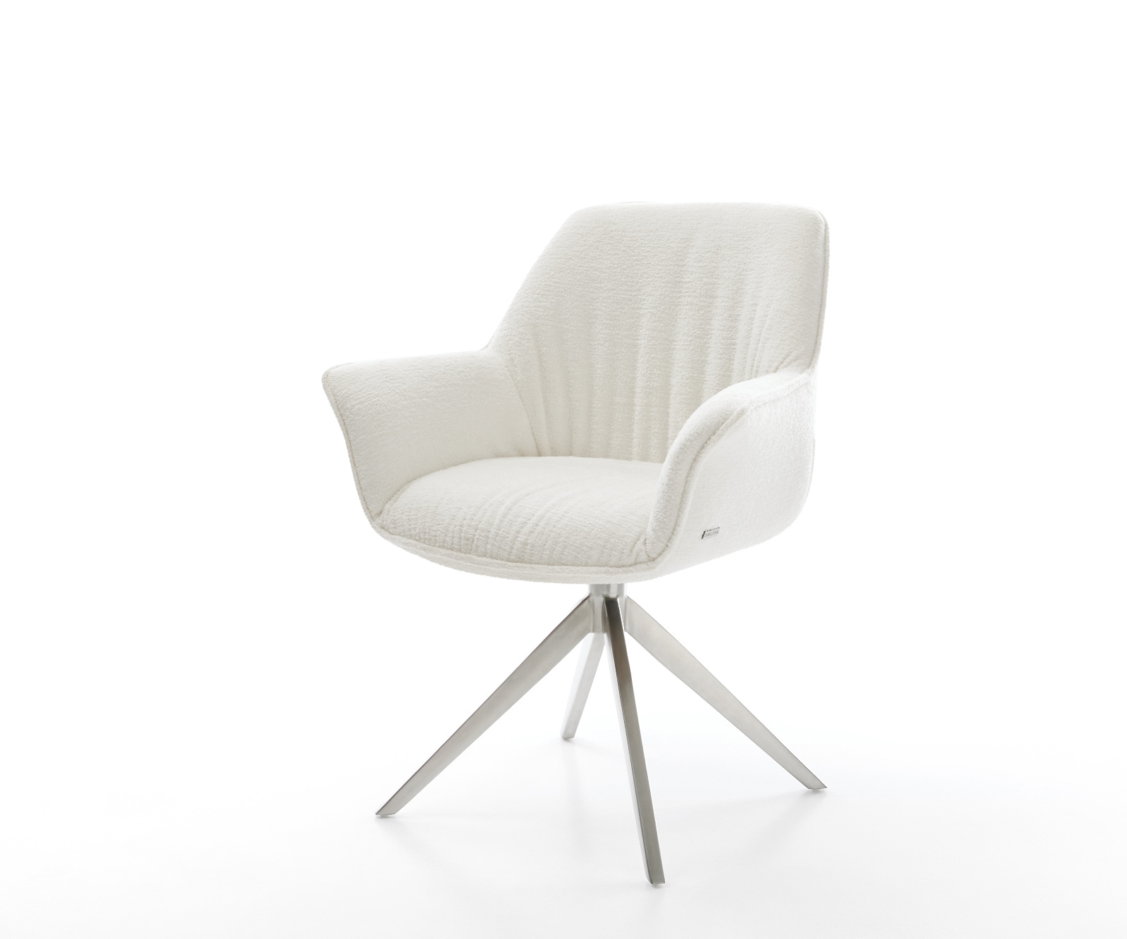Chaise-pivotante Keila-Flex avec accoudoirs bouclé doux beige pied croisé large acier inoxydable pivotement sur 360° fonction bascule