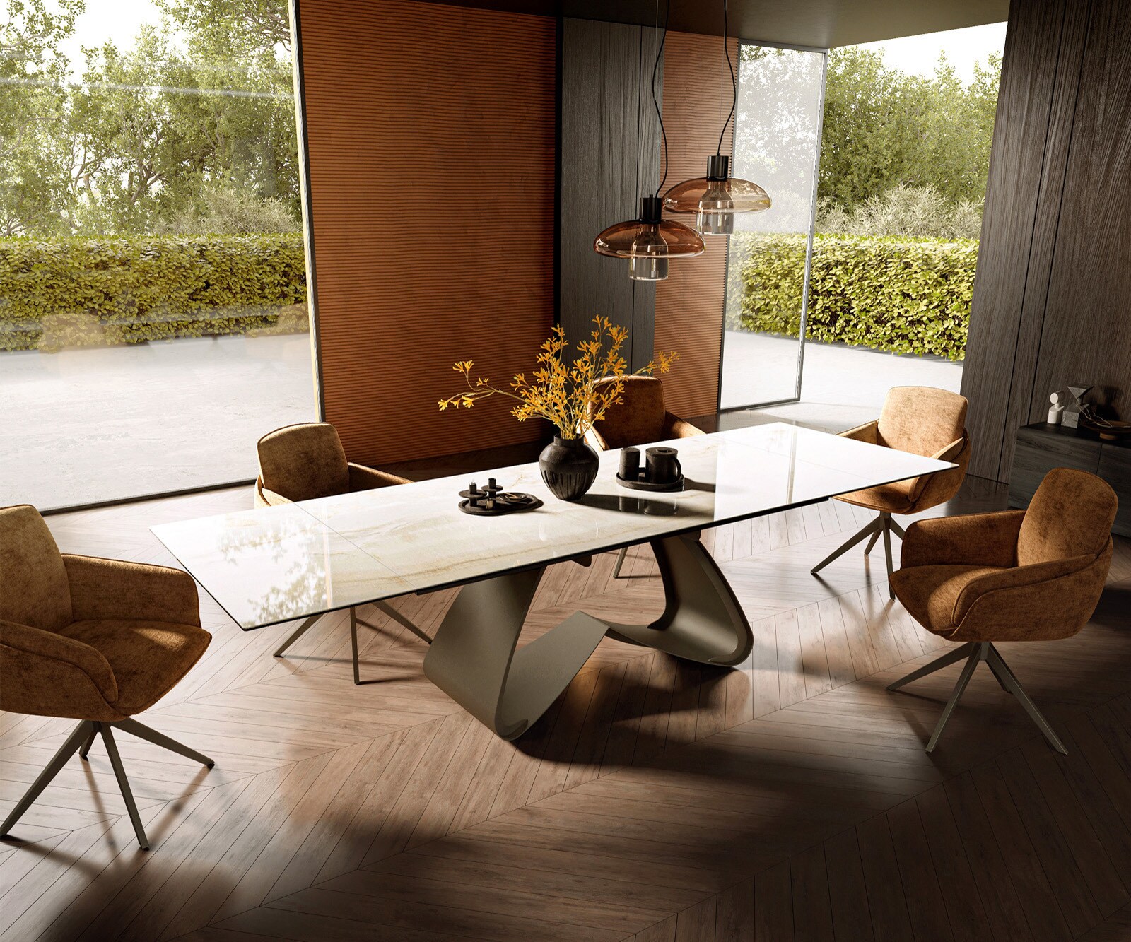 Table à manger Edge 200-300x100 céramique Laminam® Onice Oro cadre en W effet finition titanee extensible 6