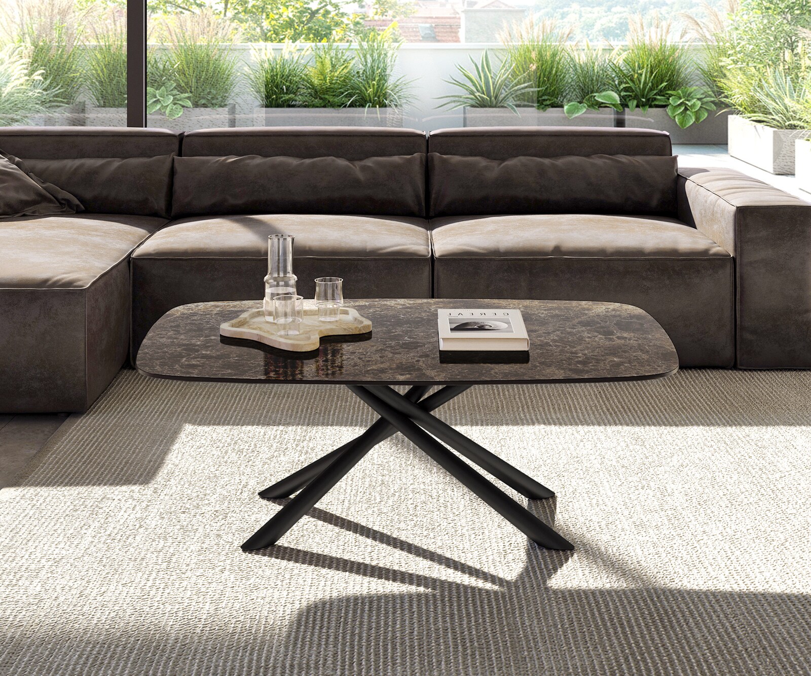 Table basse Edge Boot 120x70 cm céramique Laminam® Emperador Extra Lucidato brun foncé Sarity métal noir 2