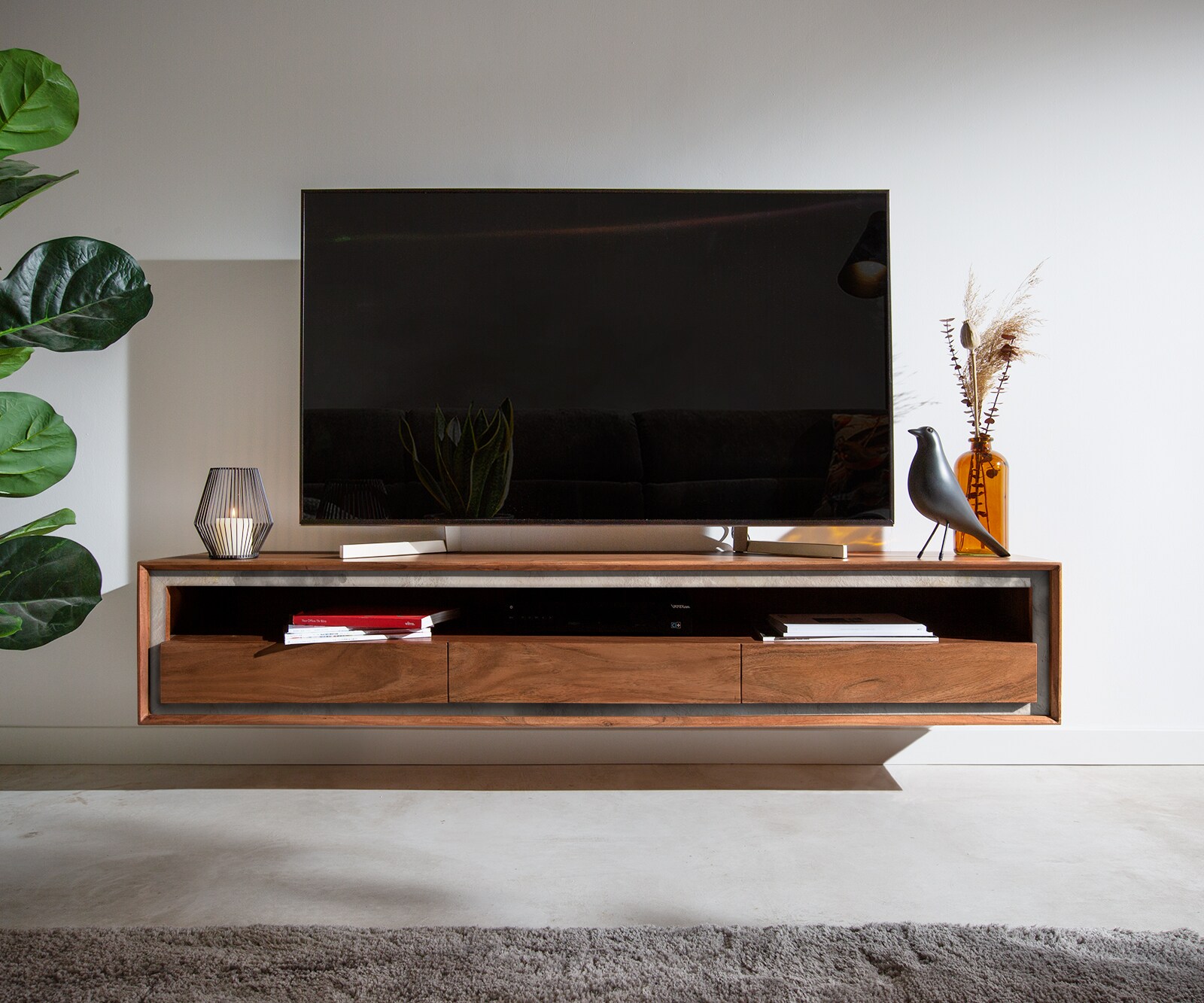 Meuble-TV Stonegrace 175 cm acacia marron placage pierre 3 tiroirs 1 compartiment suspendu 1 Meuble-TV Stonegrace 175 cm acacia marron placage pierre 3 tiroirs 1 compartiment suspendu 1