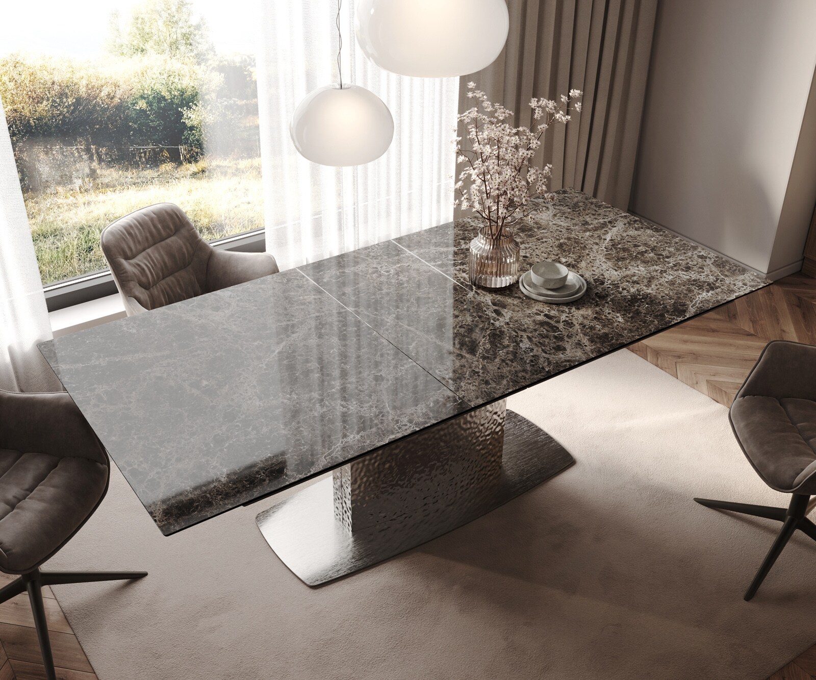Table de salle à manger Edge Céramique Emperador Extra Lucidato Brun foncé 180-220x100 Wave Acier inoxydable extensible 4