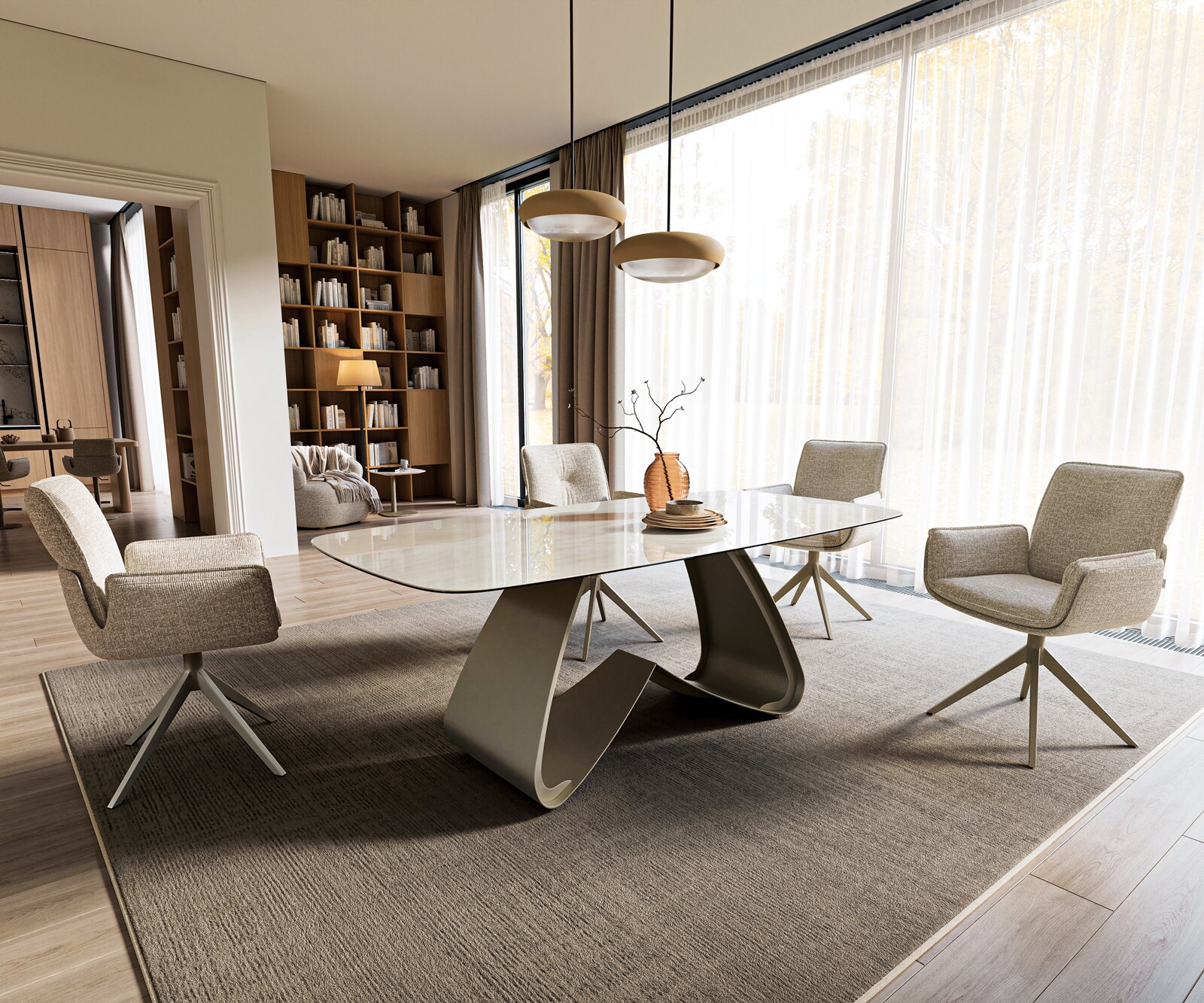 Table à manger Edge bateau 200x100 cm céramique Onyx Champagne piètement en W métal finition effet titane 7