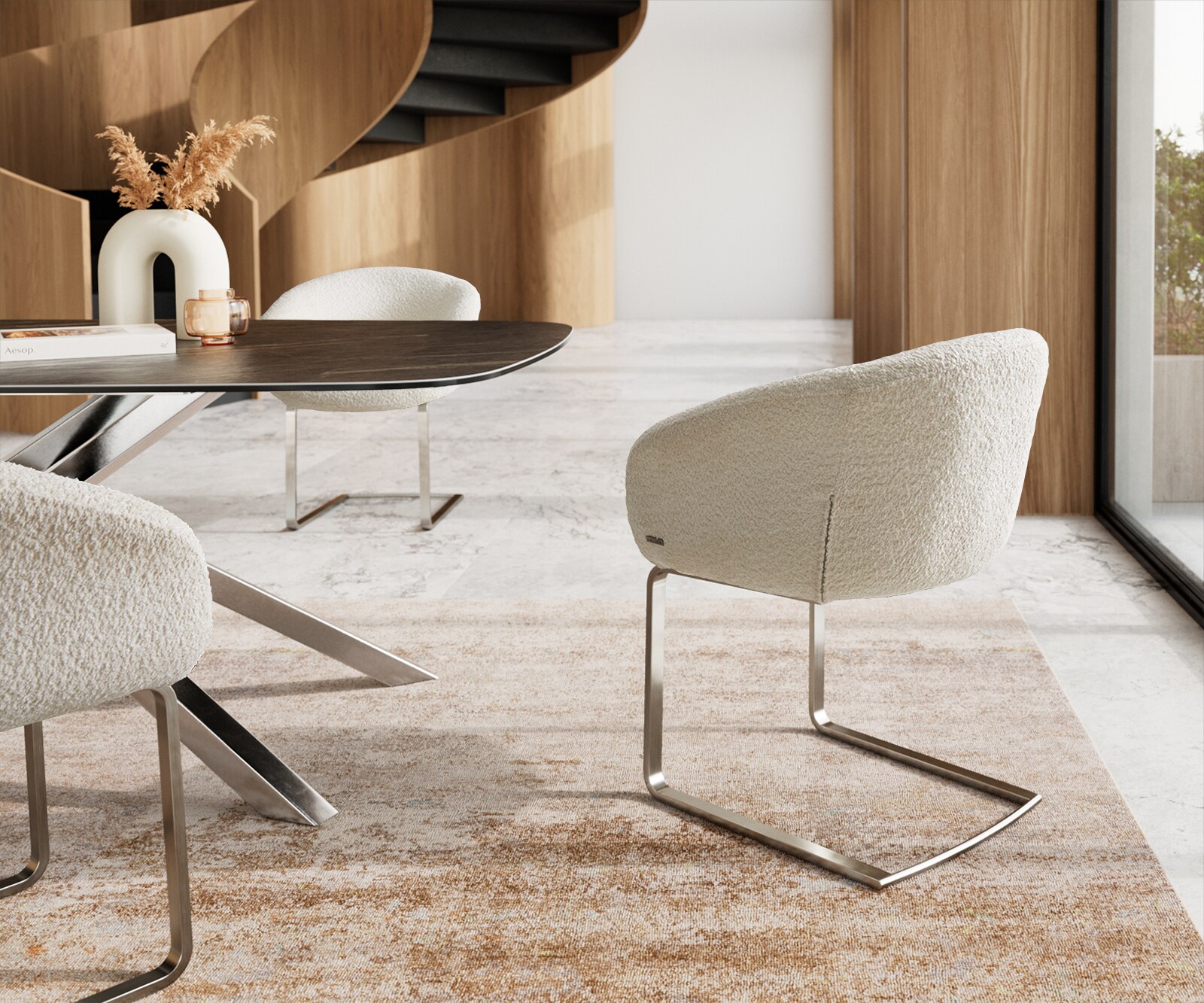 Cantilever Vinka-Flex avec accoudoirs bouclé blanc pied cantilever plat acier inoxydable brossé ressorts ensachés 4 Cantilever Vinka-Flex avec accoudoirs bouclé blanc pied cantilever plat acier inoxydable brossé ressorts ensachés 4