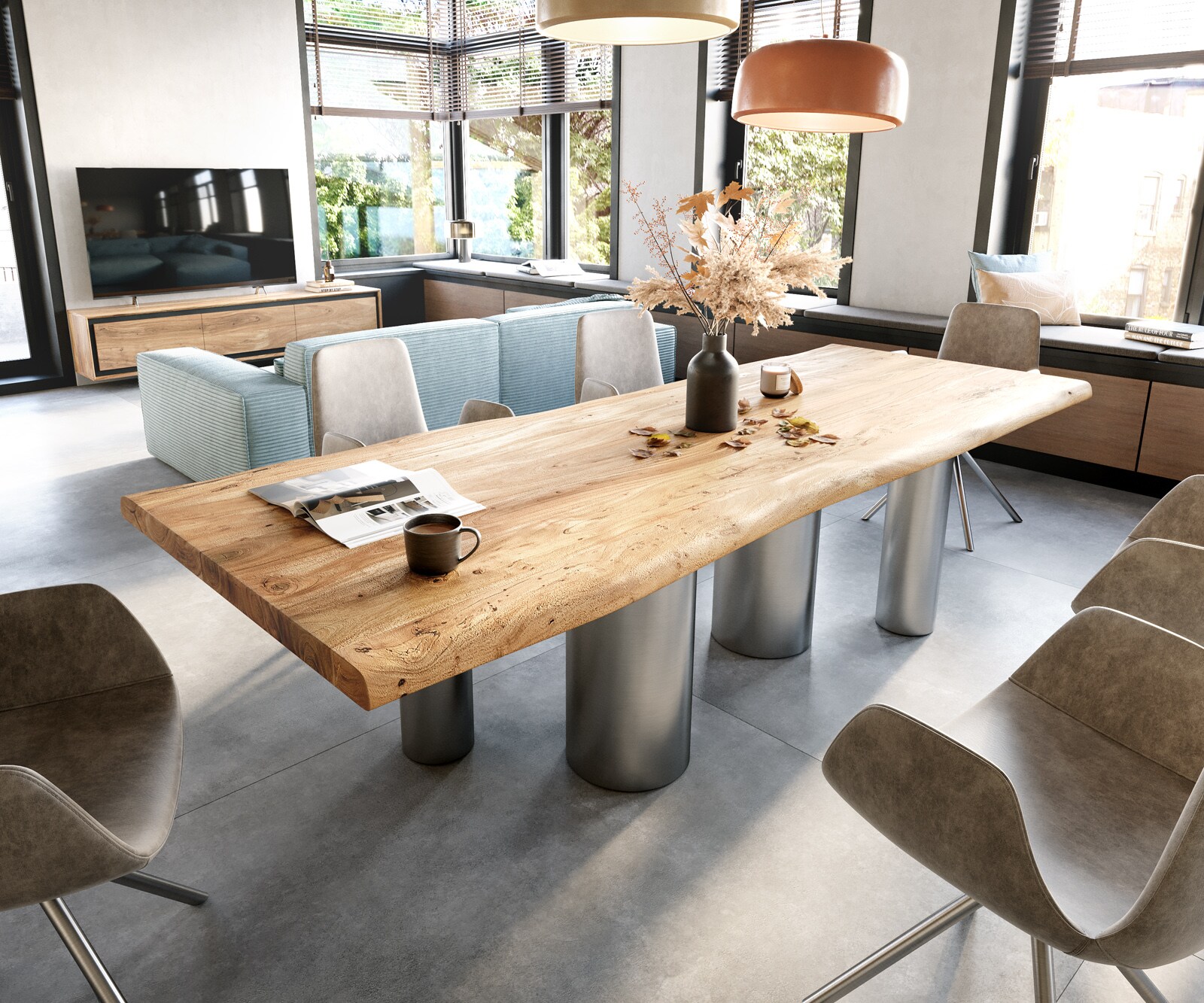Table à manger Edge 280x100 XL Acacia Nature Pilier Acier inoxydable brossé Live-Edge