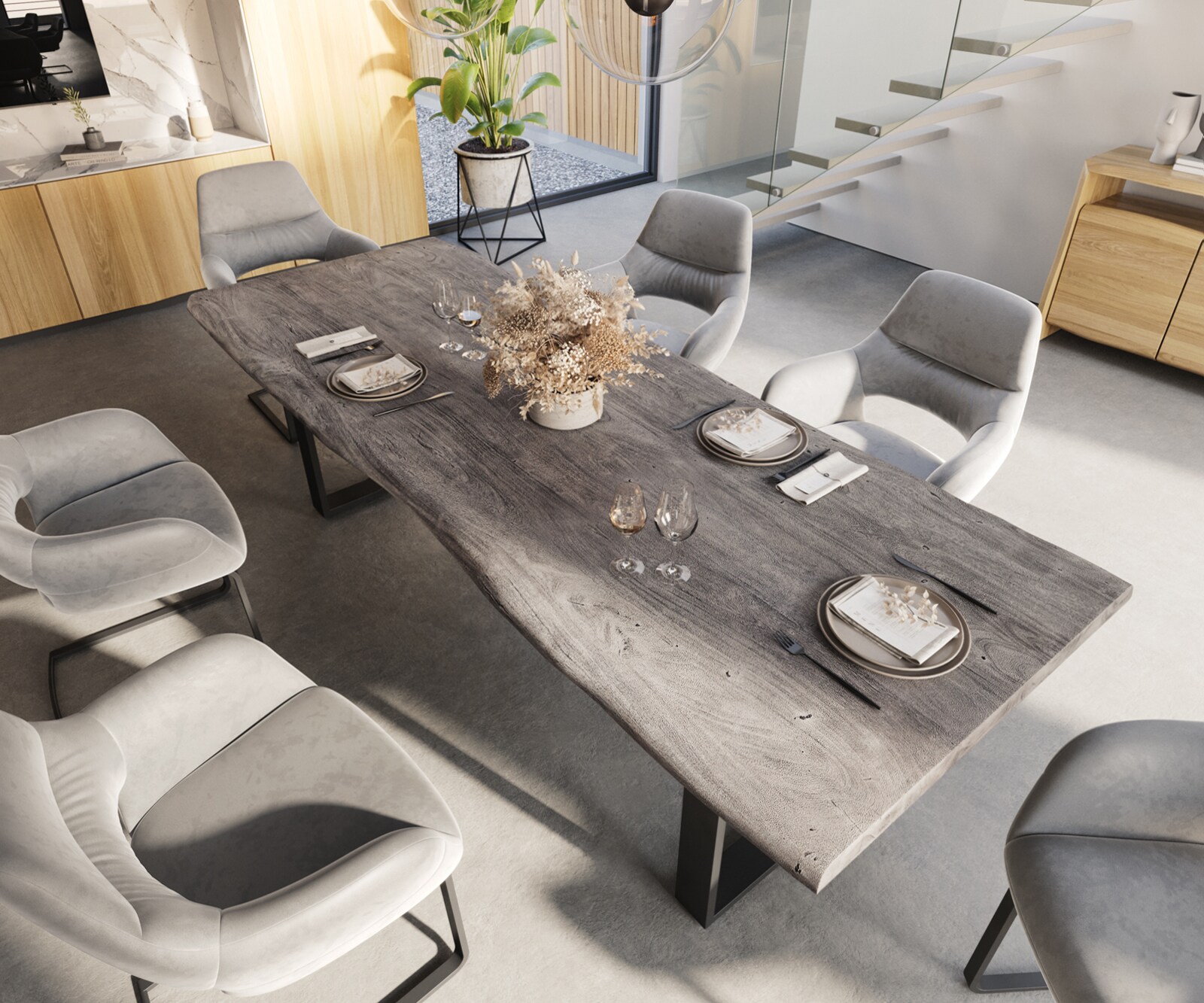 Table à manger Edge 260x100 XL acacia platine patin noir Live-Edge 4