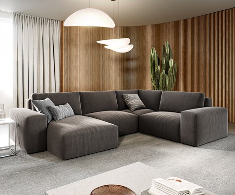 Grand canapé d’angle Lanzo 300x210 cm microfibre brun kaki méridienne réversible