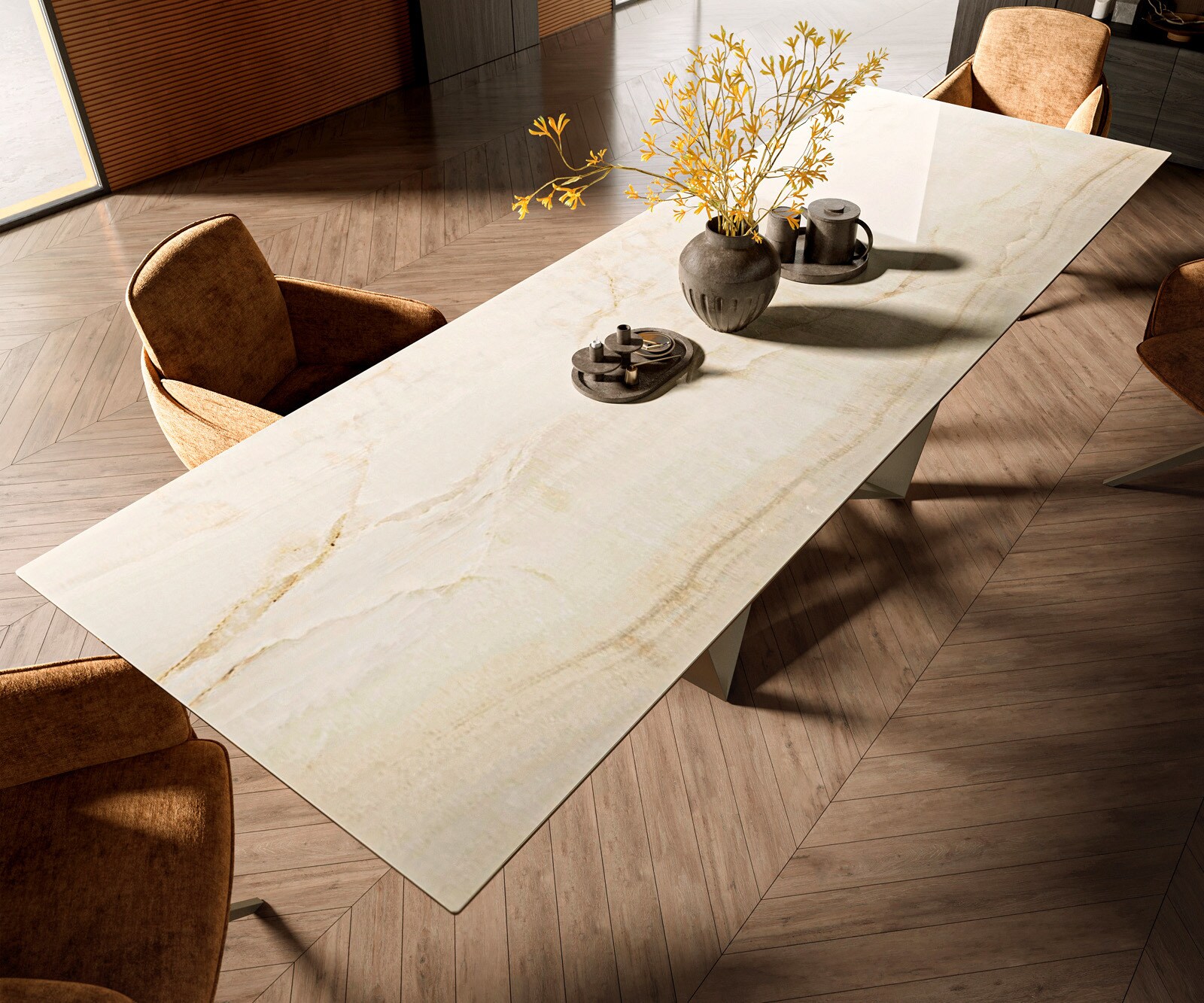 Table à manger Edge 300x100 céramique Laminam® Onice Oro Spider métal effet finition titanee 4