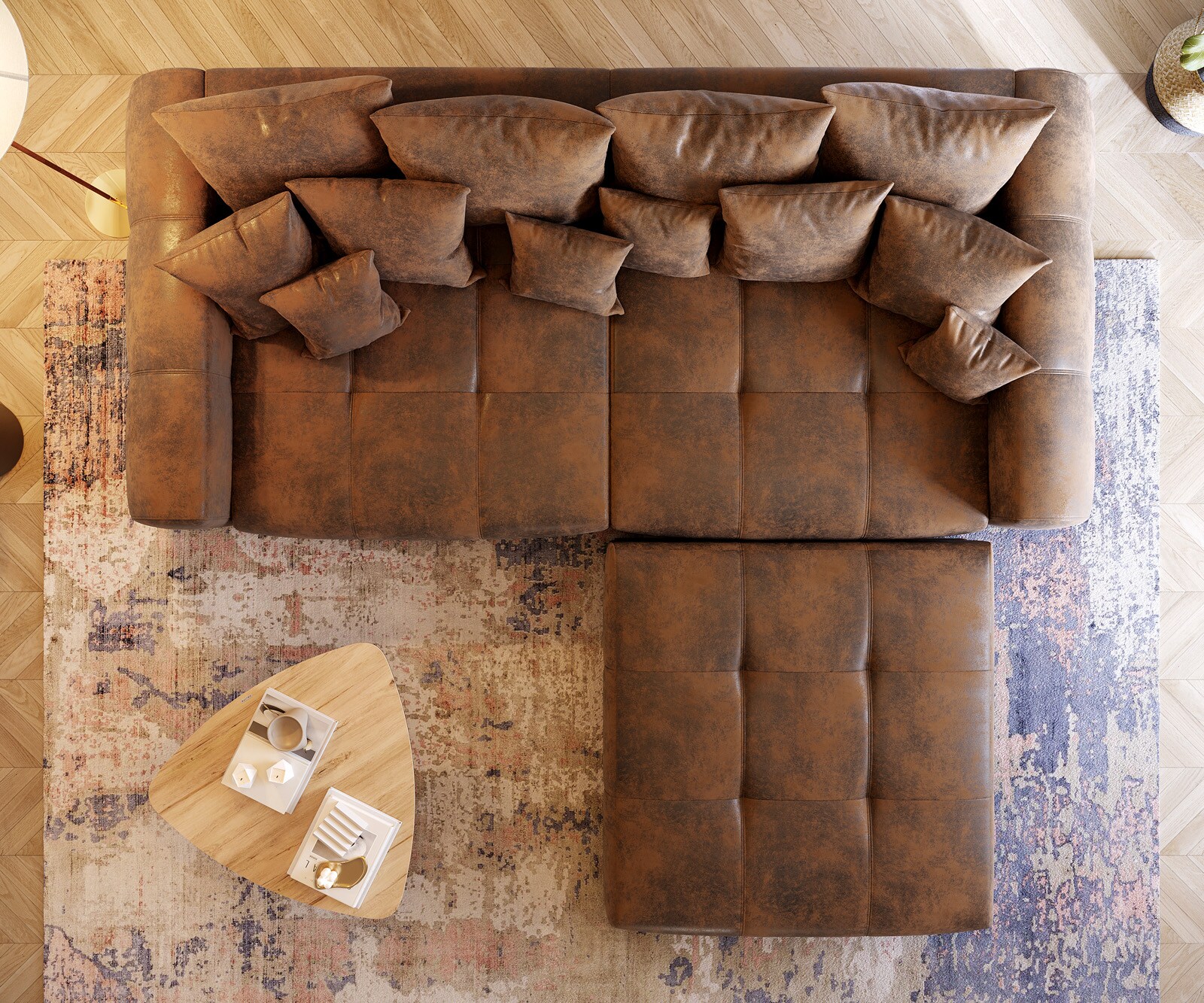 Canapé Violetta 310x135 marron aspect antique coussin tabouret bigsofa 5